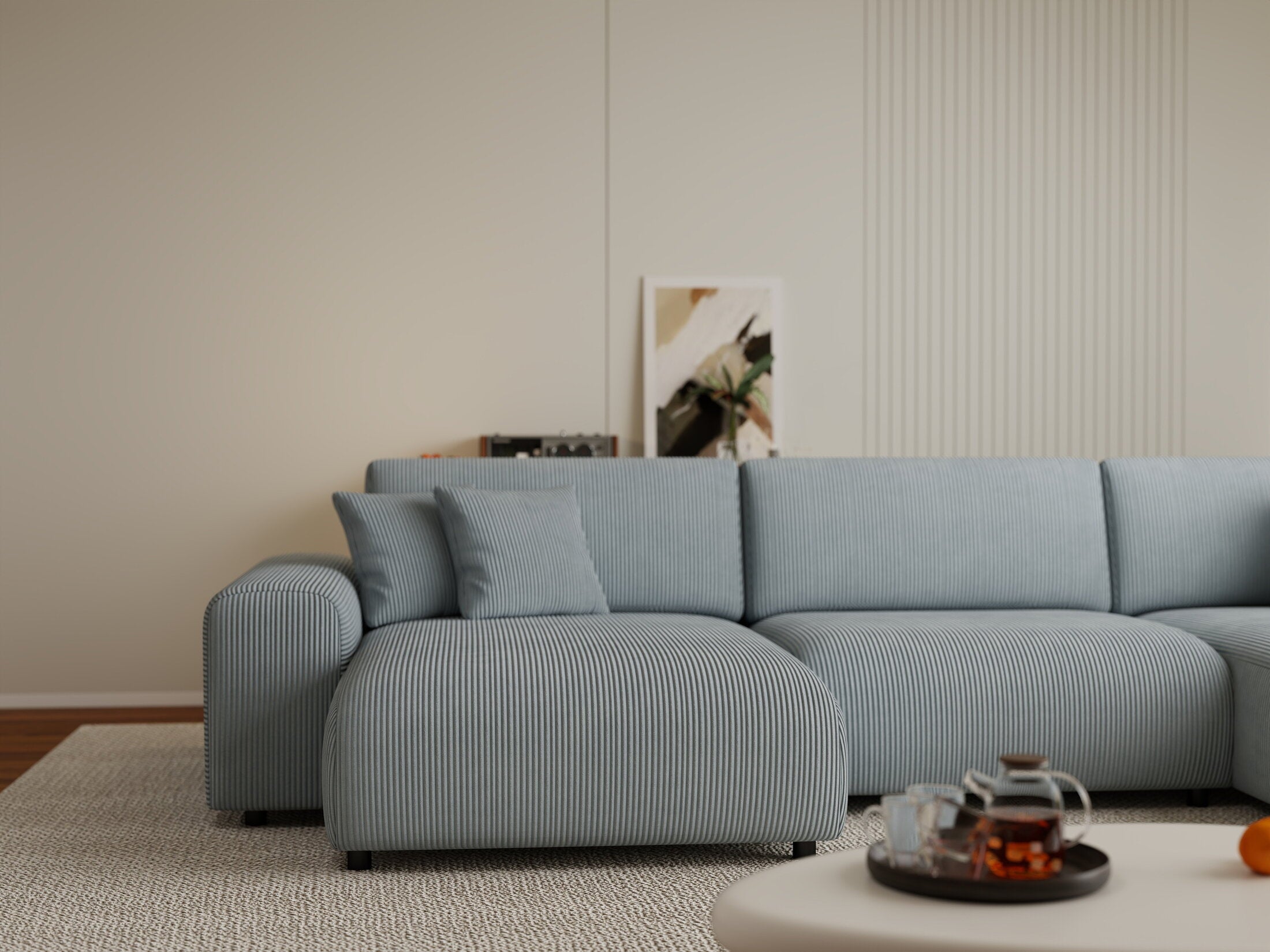 Colțar extensibil dumonde cu ladă de depozitare si sezut confortabil din spuma HR, Sarina U Zoom Gri Mint 350x168 cm