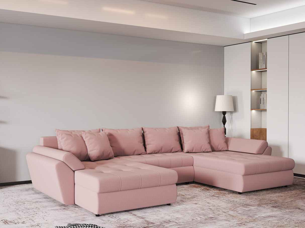 Colțar extensibil dumonde cu ladă de depozitare si sezut confortabil din spuma HR, Loana Royal Roz U 355x185 cm Fabrica