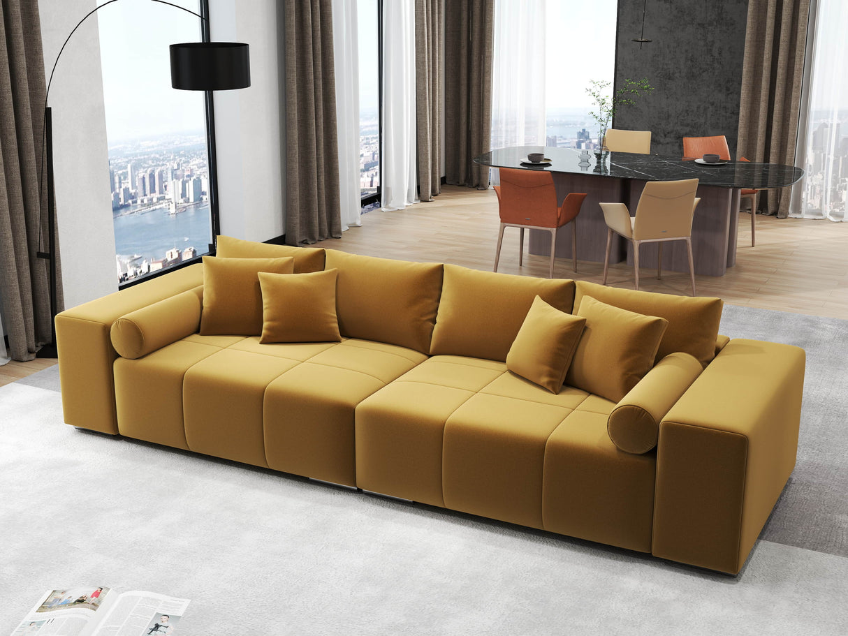 Canapea extensibilă dumonde cu ladă de depozitare si sezut confortabil din spuma HR, Marbela Royal Mustar XXL 295x100 cm fabrica