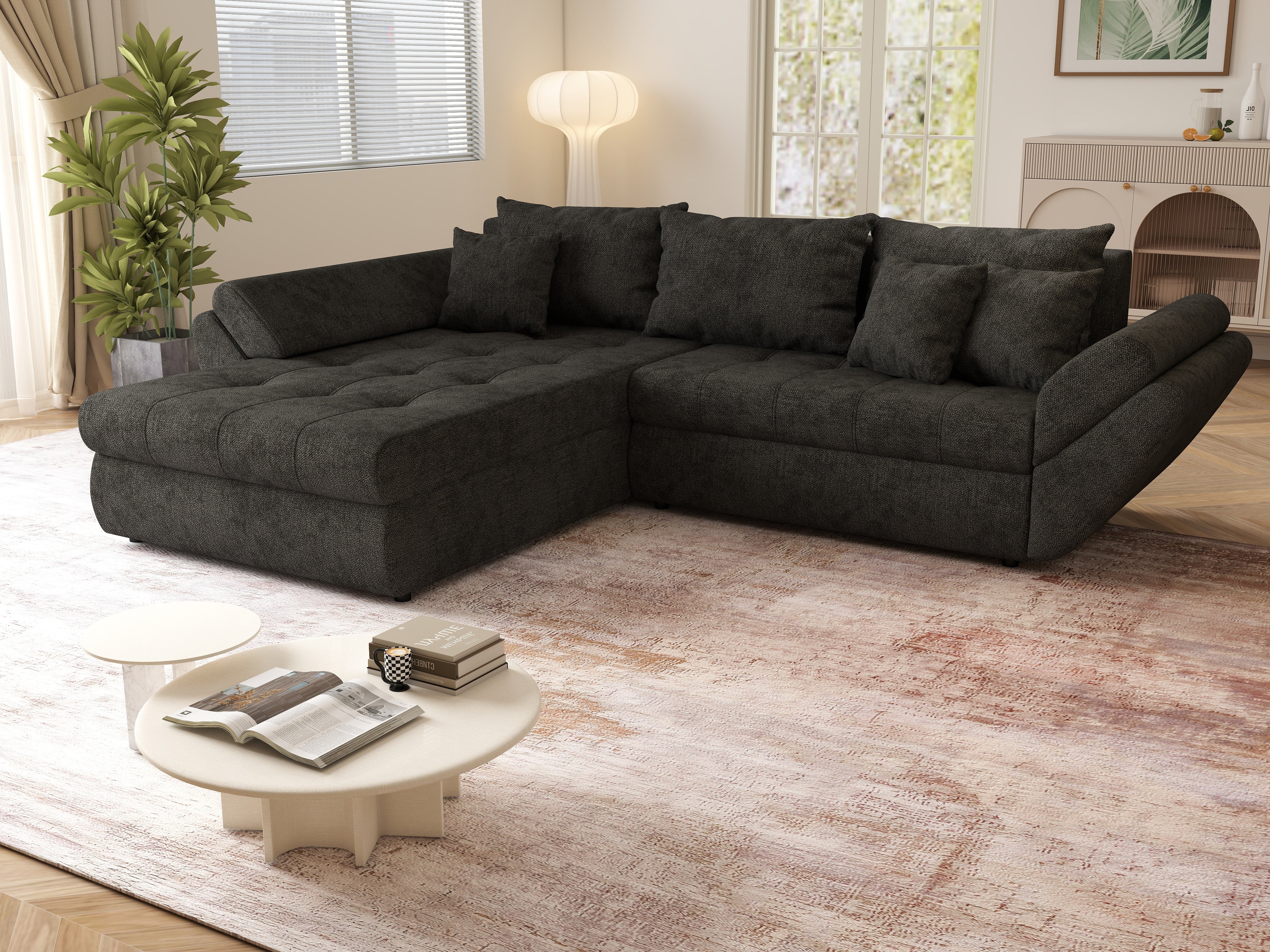 Colțar extensibil dumonde cu ladă de depozitare si sezut confortabil din spuma HR, Loana Negru II 270x185 cm Fabrica