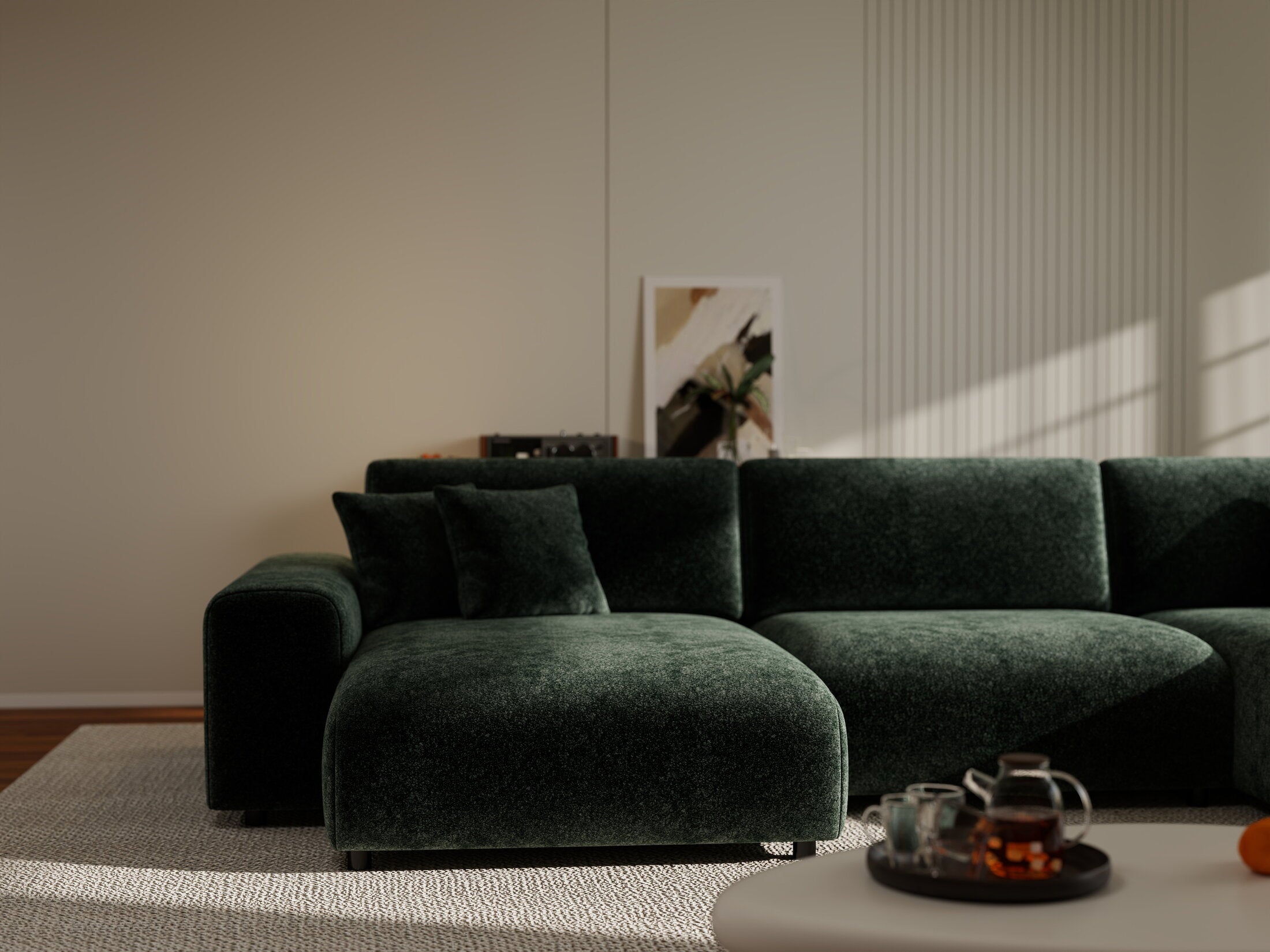 Colțar extensibil dumonde cu ladă de depozitare si sezut confortabil din spuma HR, Sarina U Euphoria Verde 350x168 cm