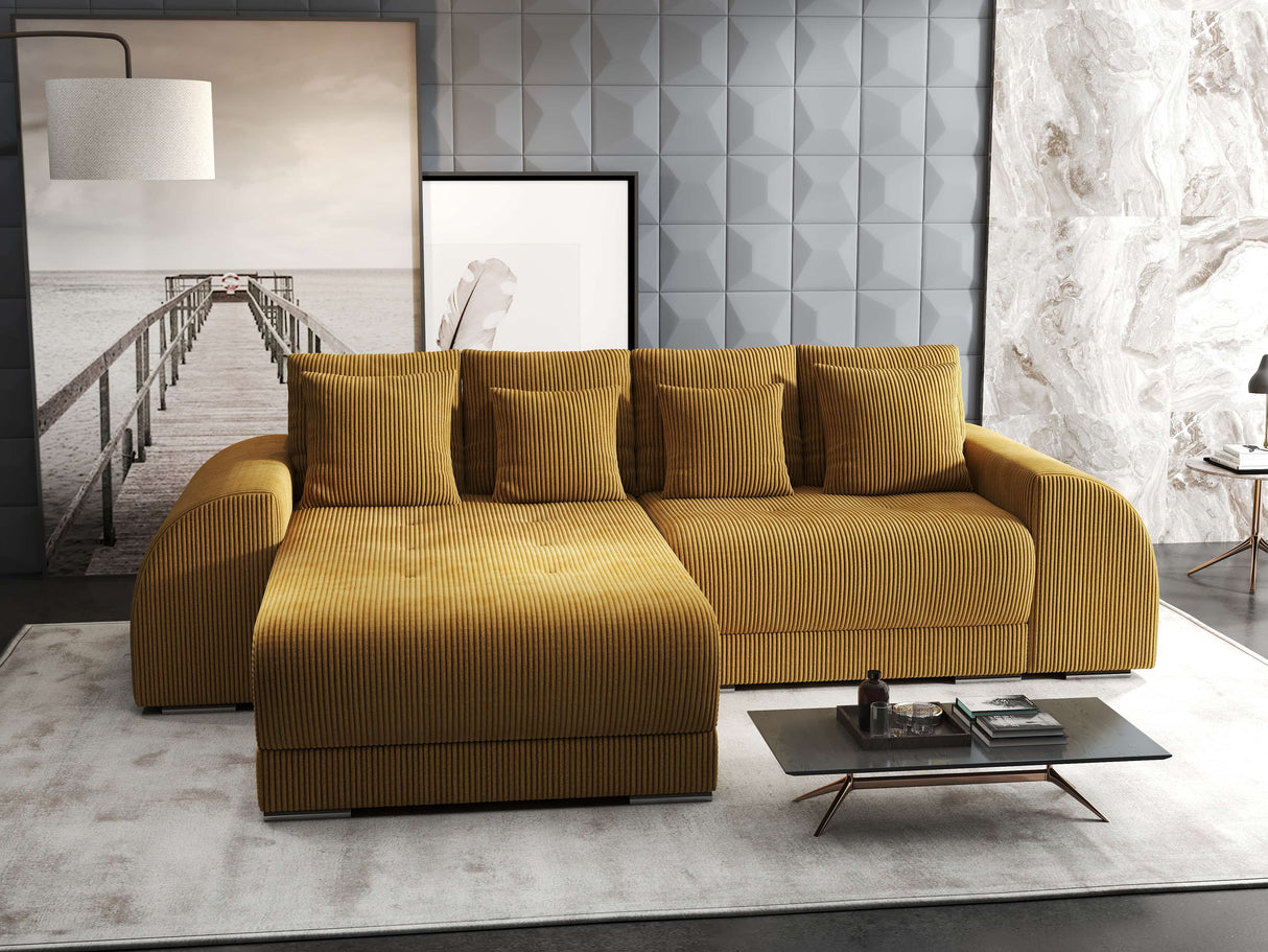 Colțar extensibil dumonde cu ladă de depozitare si sezut confortabil din spuma HR, Verona Zoom Mustar 290x185 cm Fabrica