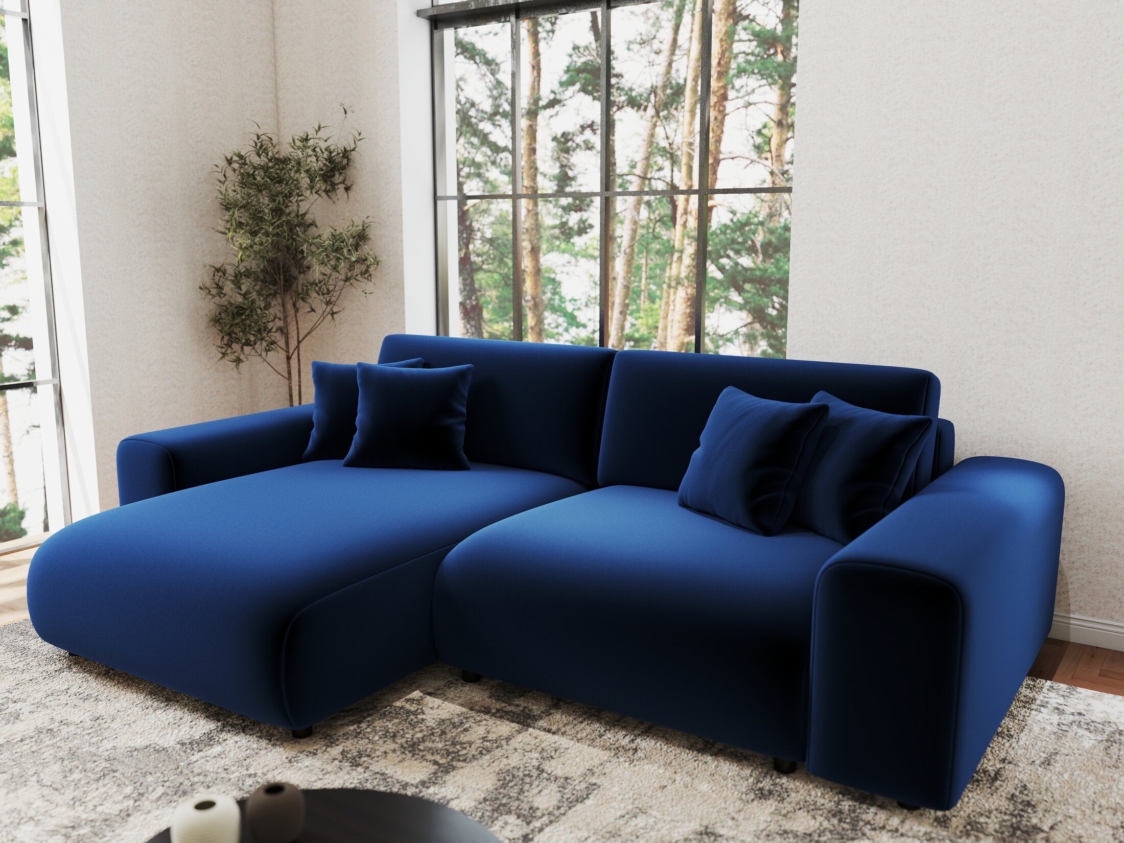 Colțar extensibil dumonde cu ladă de depozitare si sezut confortabil din spuma HR, Sarina Royal Albastru Navy 255x168 cm