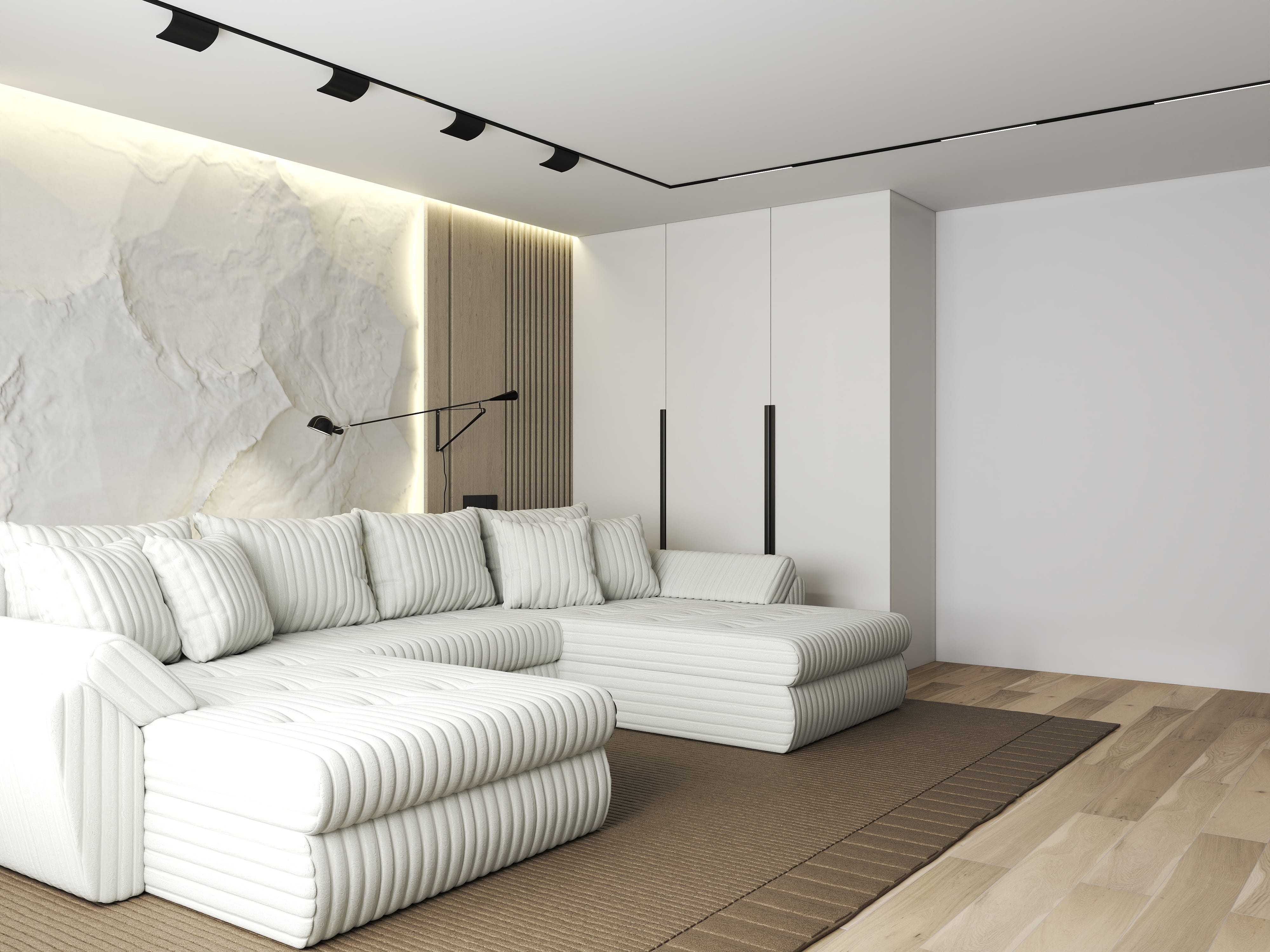 Colțar extensibil dumonde cu ladă de depozitare si sezut confortabil din spuma HR, Loana U Bej Ambience 355x185 cm Fabrica