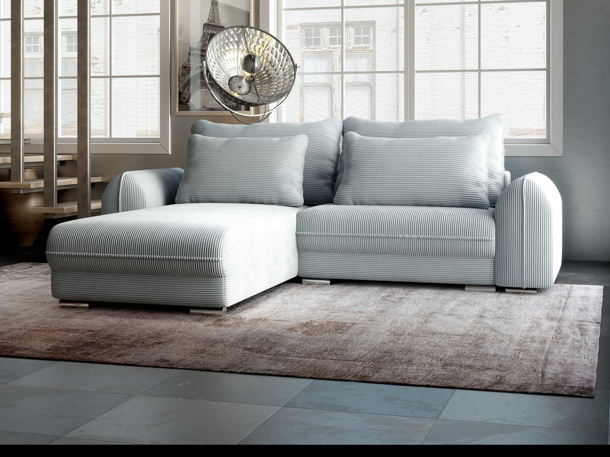 Colțar extensibil dumonde cu ladă de depozitare si sezut confortabil din spuma HR, Denver Zoom Gri Mint 275x185 cm Fabrica