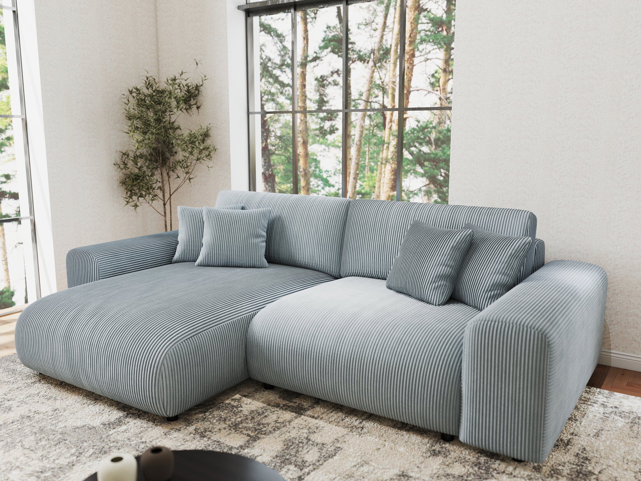 Colțar extensibil dumonde cu ladă de depozitare si sezut confortabil din spuma HR, Sarina Zoom Gri Mint 255x168 cm