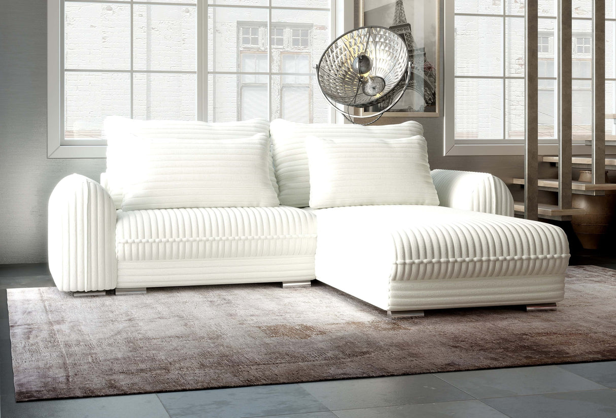 Colțar extensibil dumonde cu ladă de depozitare si sezut confortabil din spuma HR, Denver Ambience Alb 275x185 cm II Fabrica