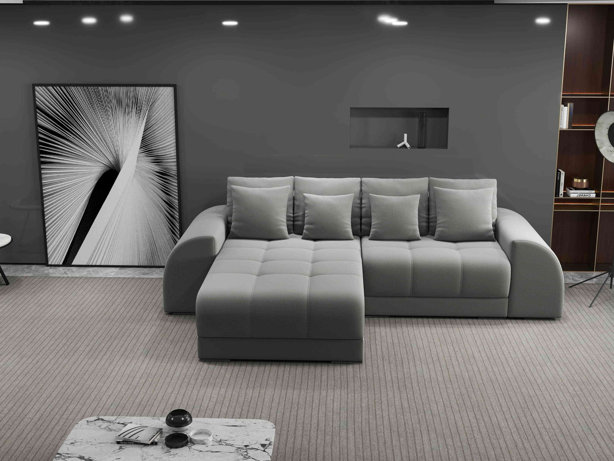 Colțar extensibil dumonde cu ladă de depozitare si sezut confortabil din spuma HR, Verona Royal Gri 290x185 cm Fabrica