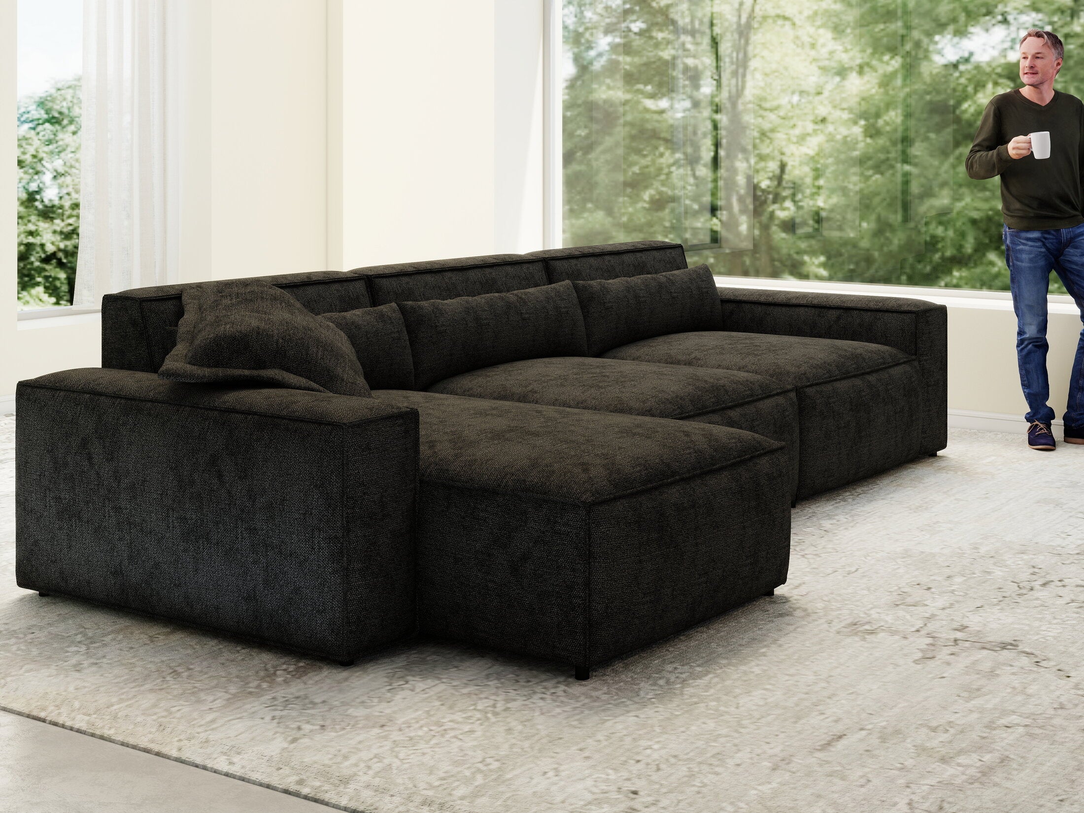 Colțar dumonde cu sezut confortabil din spuma HR, Marvelo XL Enjoy Black 366x175 cm