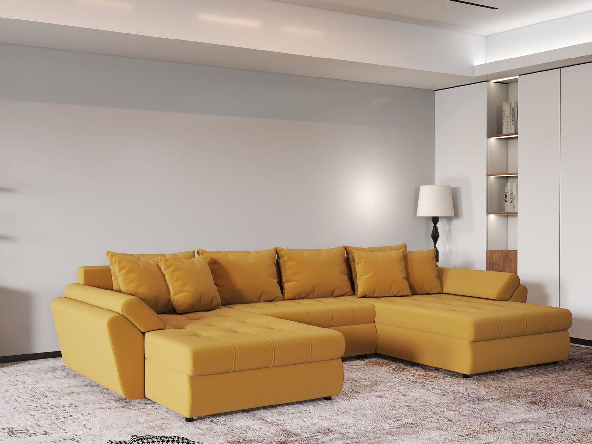Colțar extensibil dumonde cu ladă de depozitare si sezut confortabil din spuma HR, Loana Royal Mustar U 355x185 cm Fabrica