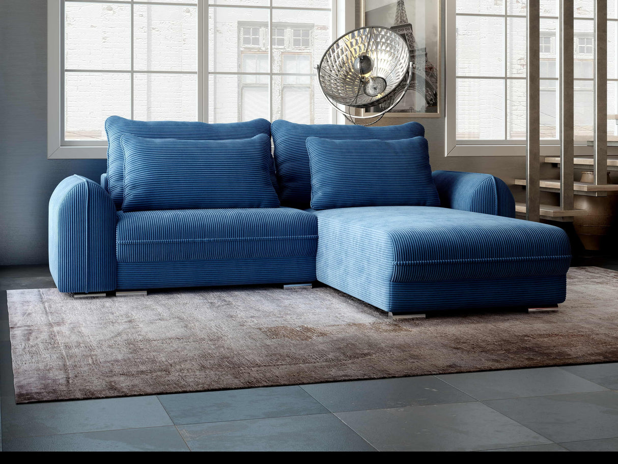 Colțar extensibil dumonde cu ladă de depozitare si sezut confortabil din spuma HR, Denver Zoom Albastru 275x185 cm II Fabrica