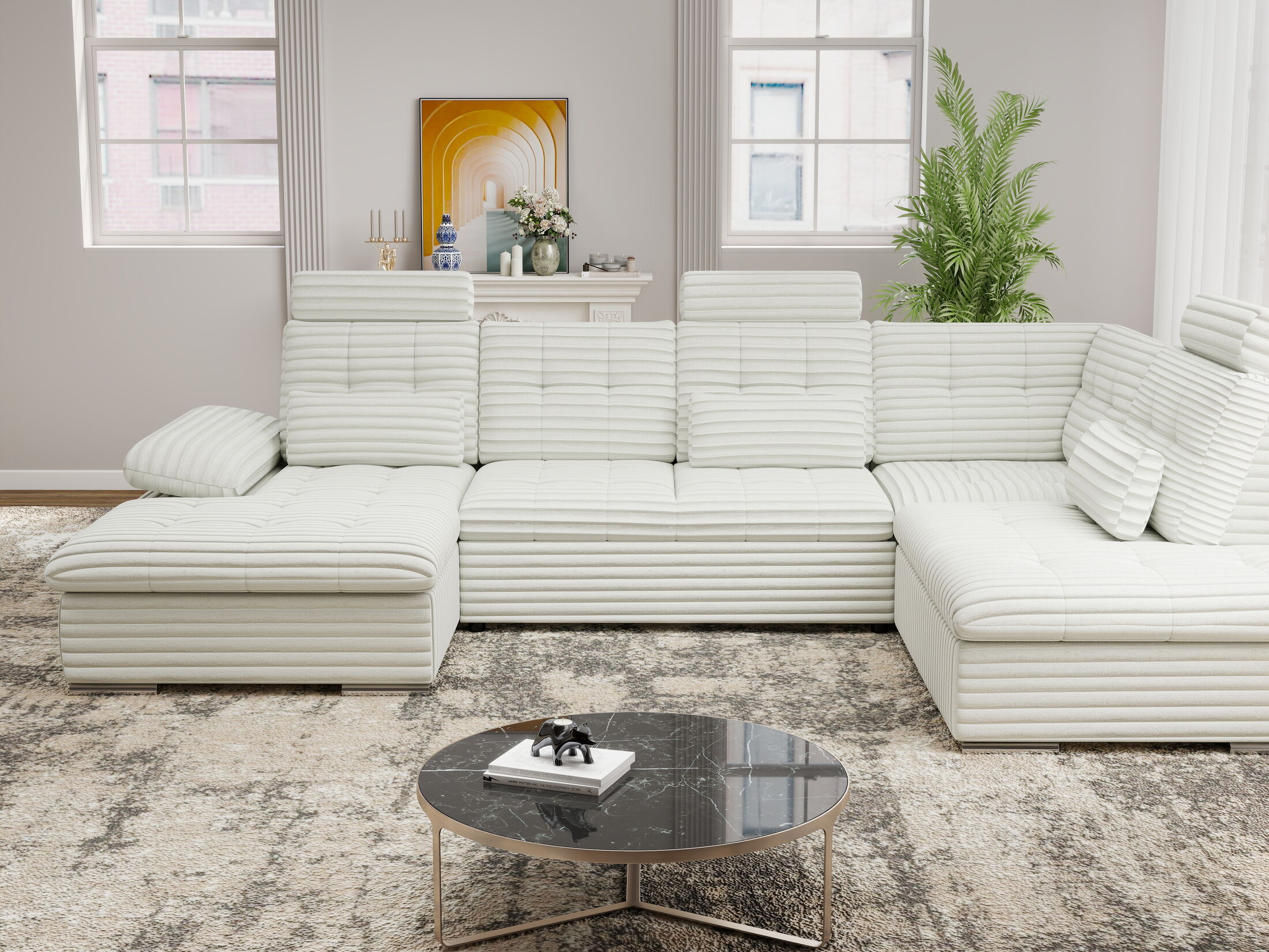 Colțar extensibil dumonde cu ladă de depozitare și șezut confortabil din spumă HR, Merkur U Ambience Alb 324x218 cm