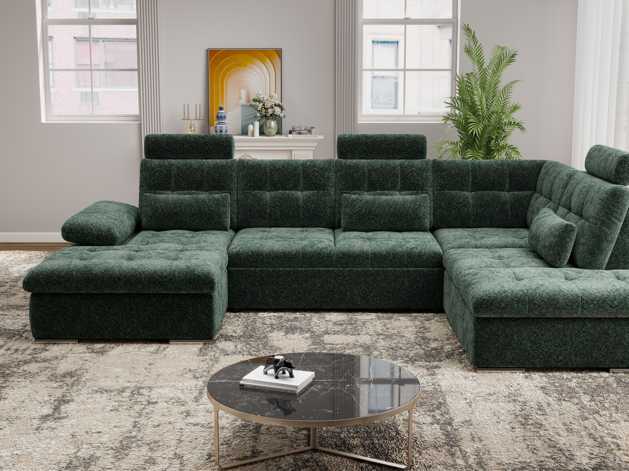 Colțar extensibil dumonde cu ladă de depozitare și șezut confortabil din spumă HR, Merkur U Euphoria Verde 324x218 cm