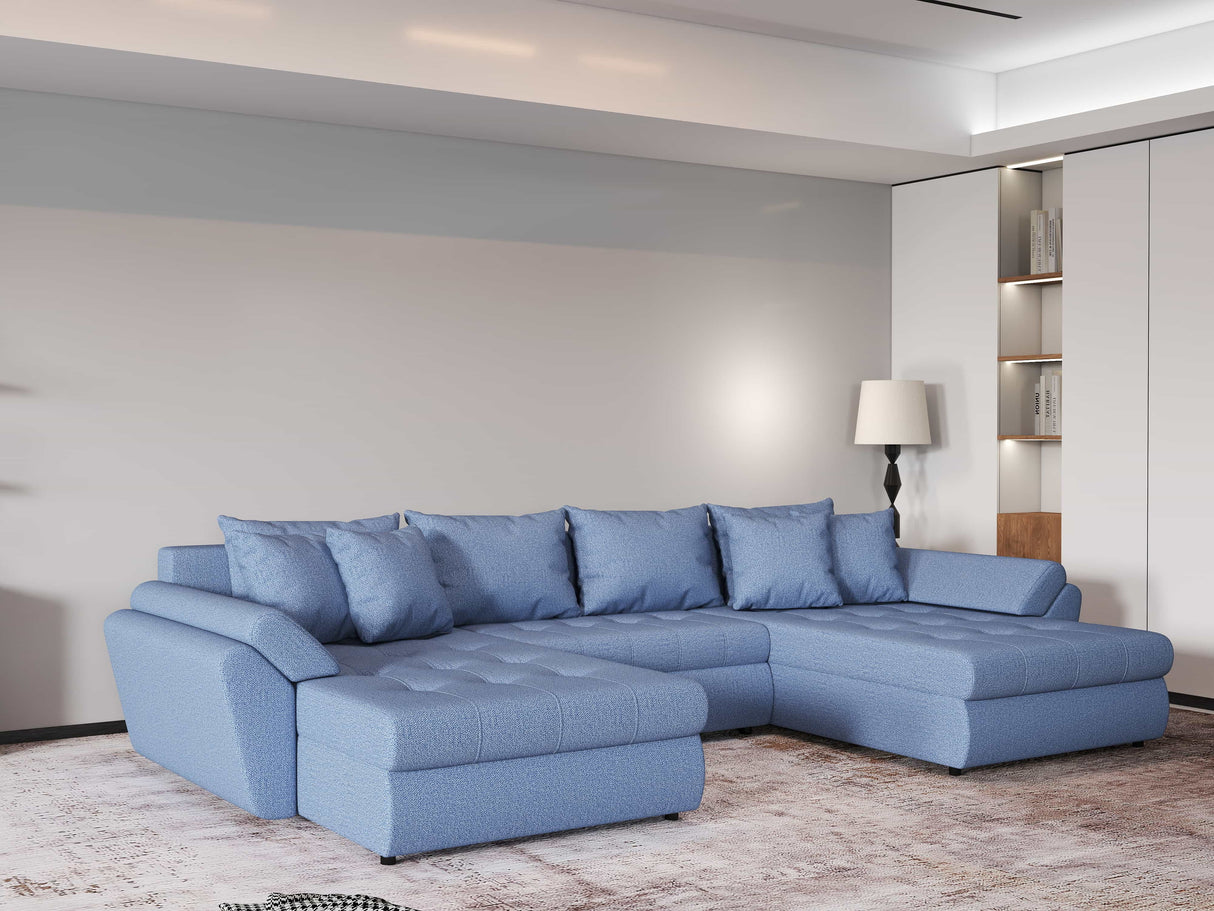 Colțar extensibil  dumonde cu ladă de depozitare si sezut confortabil din spuma HR, Loana Blue U 355x185 cm Fabrica