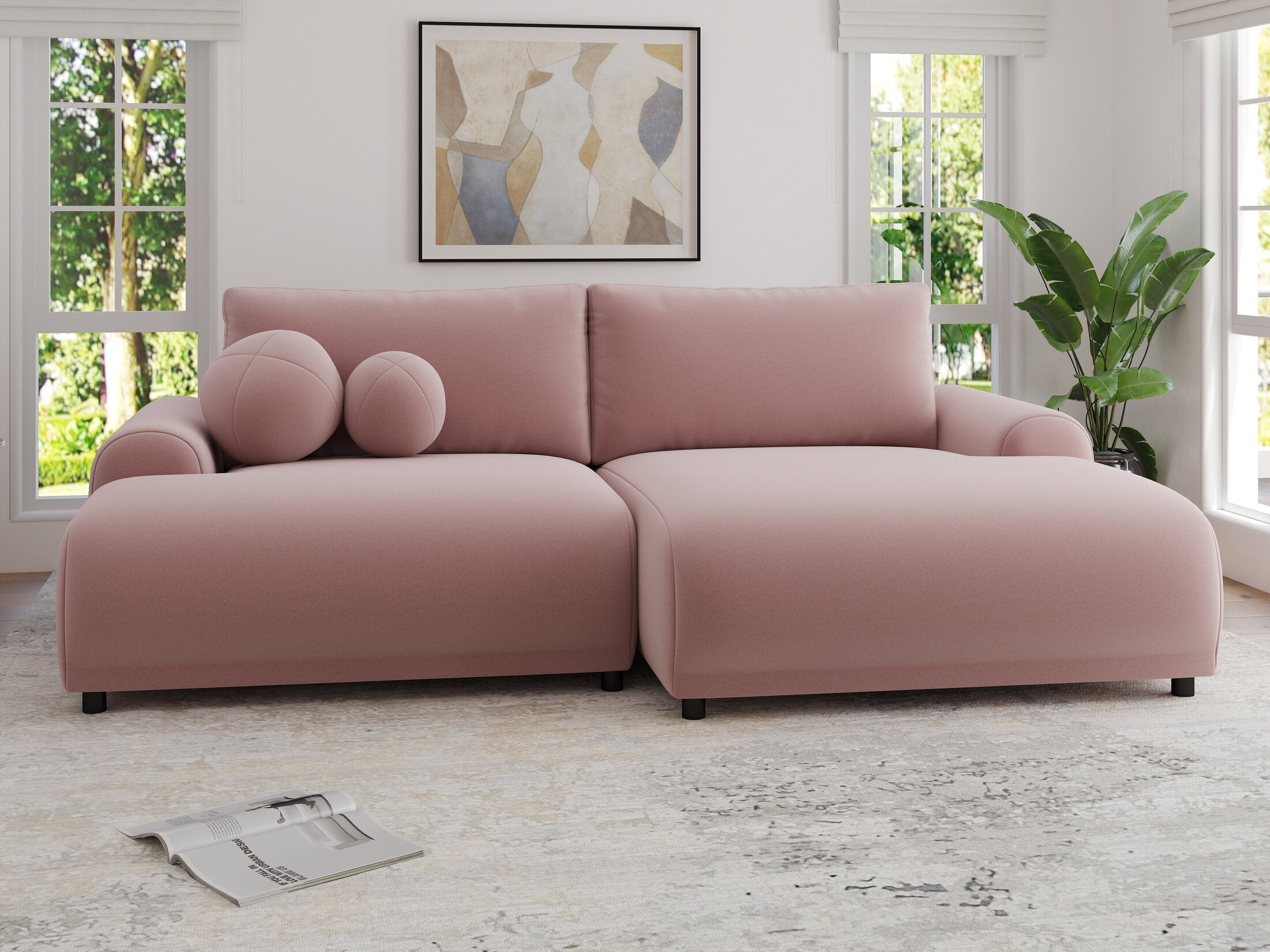 Colțar extensibil dumonde cu ladă de depozitare și șezut confortabil din spumă HR, Carlo Royal Roz 240x145 cm II