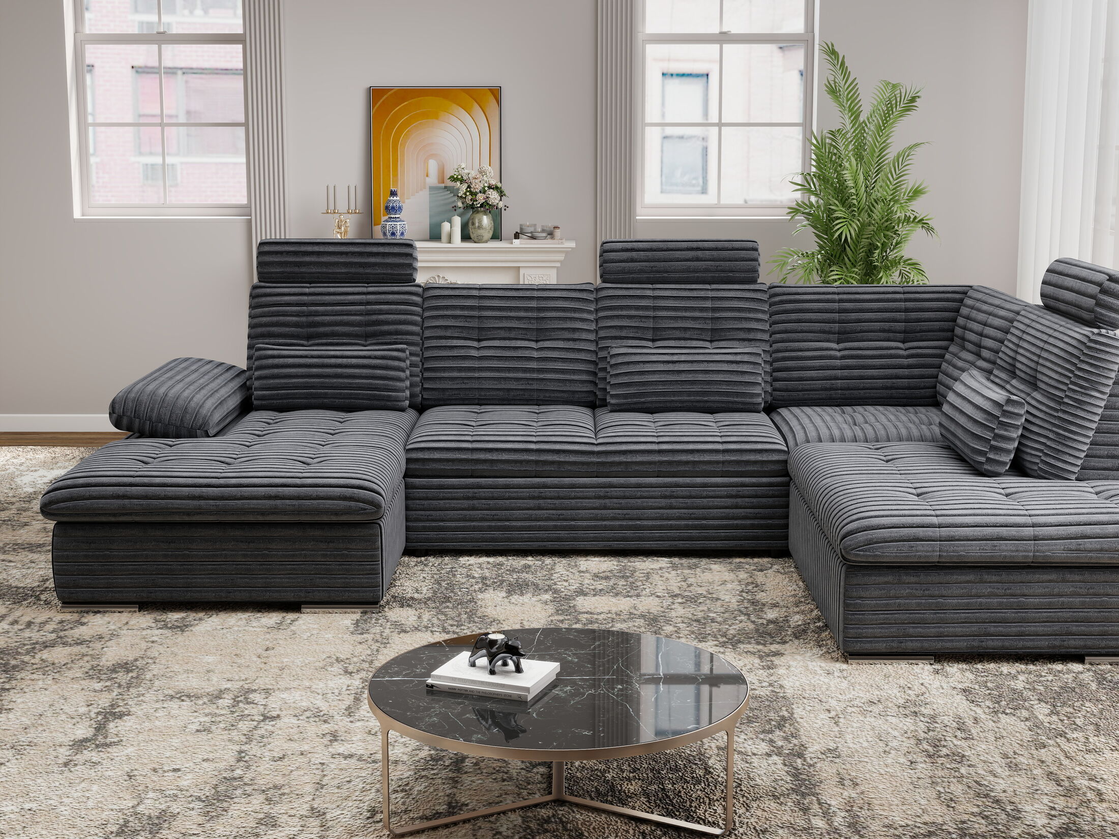 Colțar extensibil dumonde cu ladă de depozitare și șezut confortabil din spumă HR, Merkur U Ambience Gri 324x218 cm