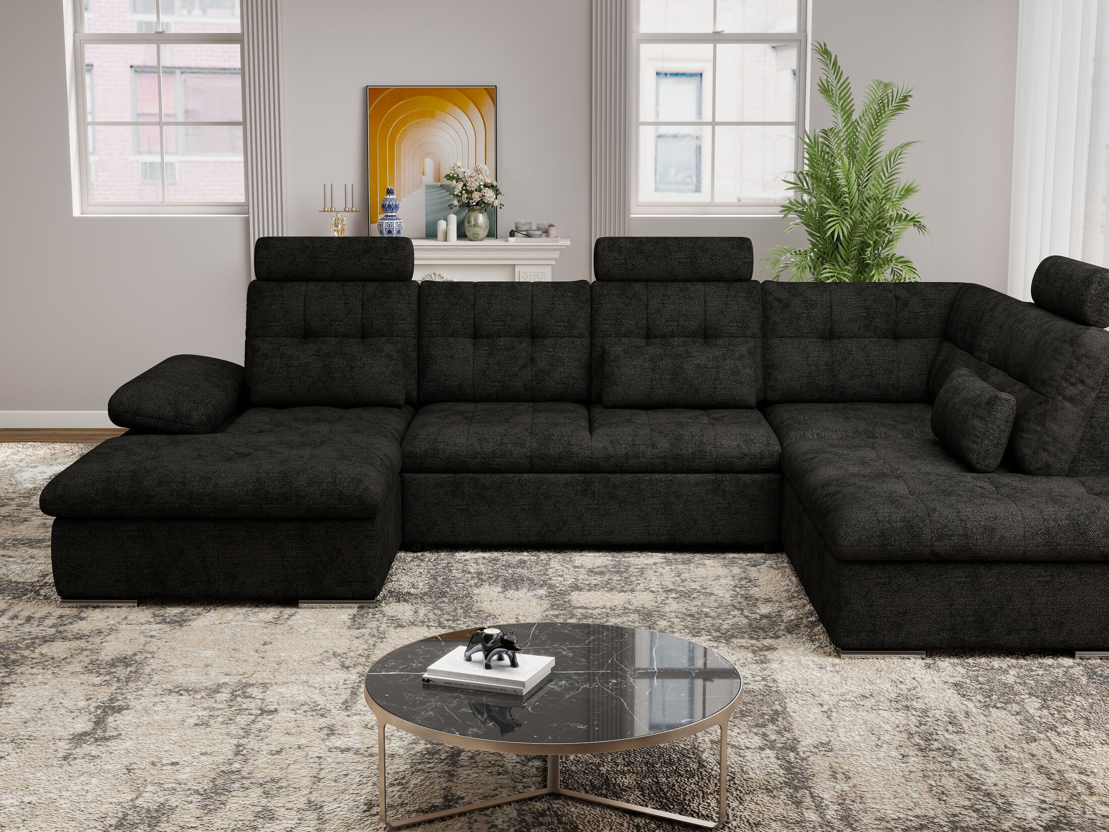 Colțar extensibil dumonde cu ladă de depozitare și șezut confortabil din spumă HR, Merkur U Enjoy Negru 324x218 cm