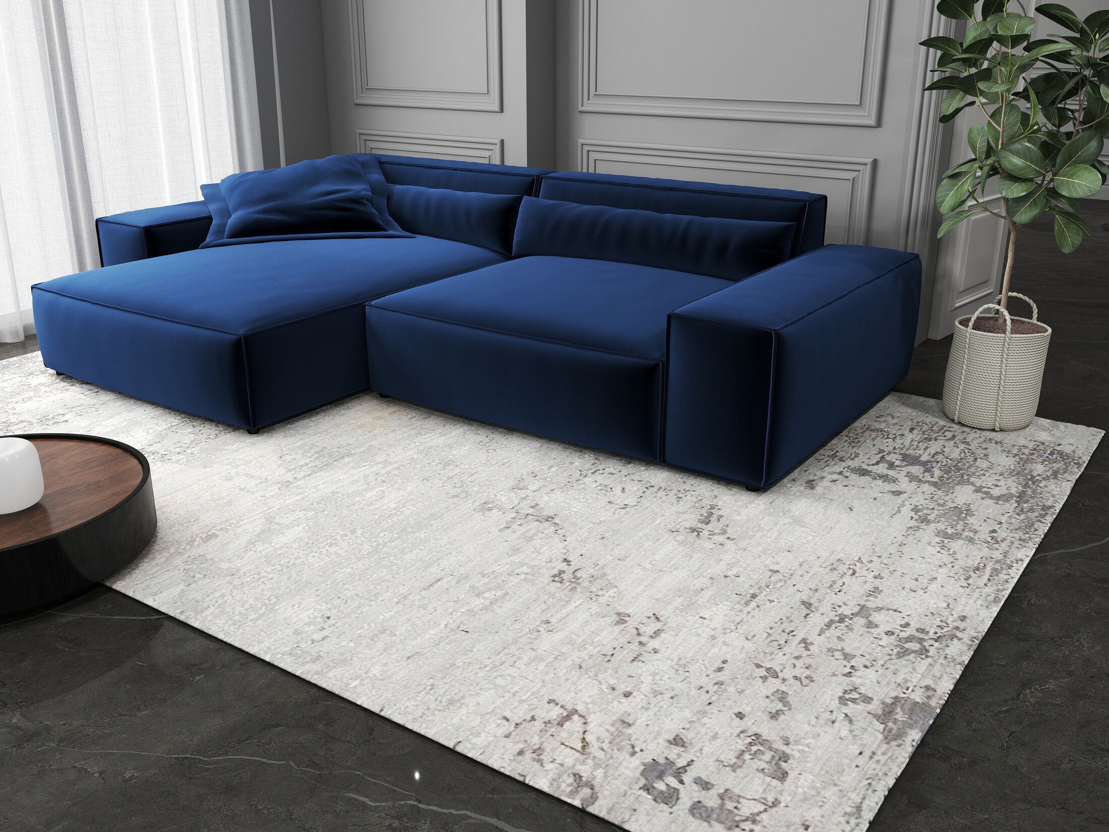 Colțar dumonde cu șezut confortabil din spumă HR, Marvelo Royal Albastru Navy 264x175 cm