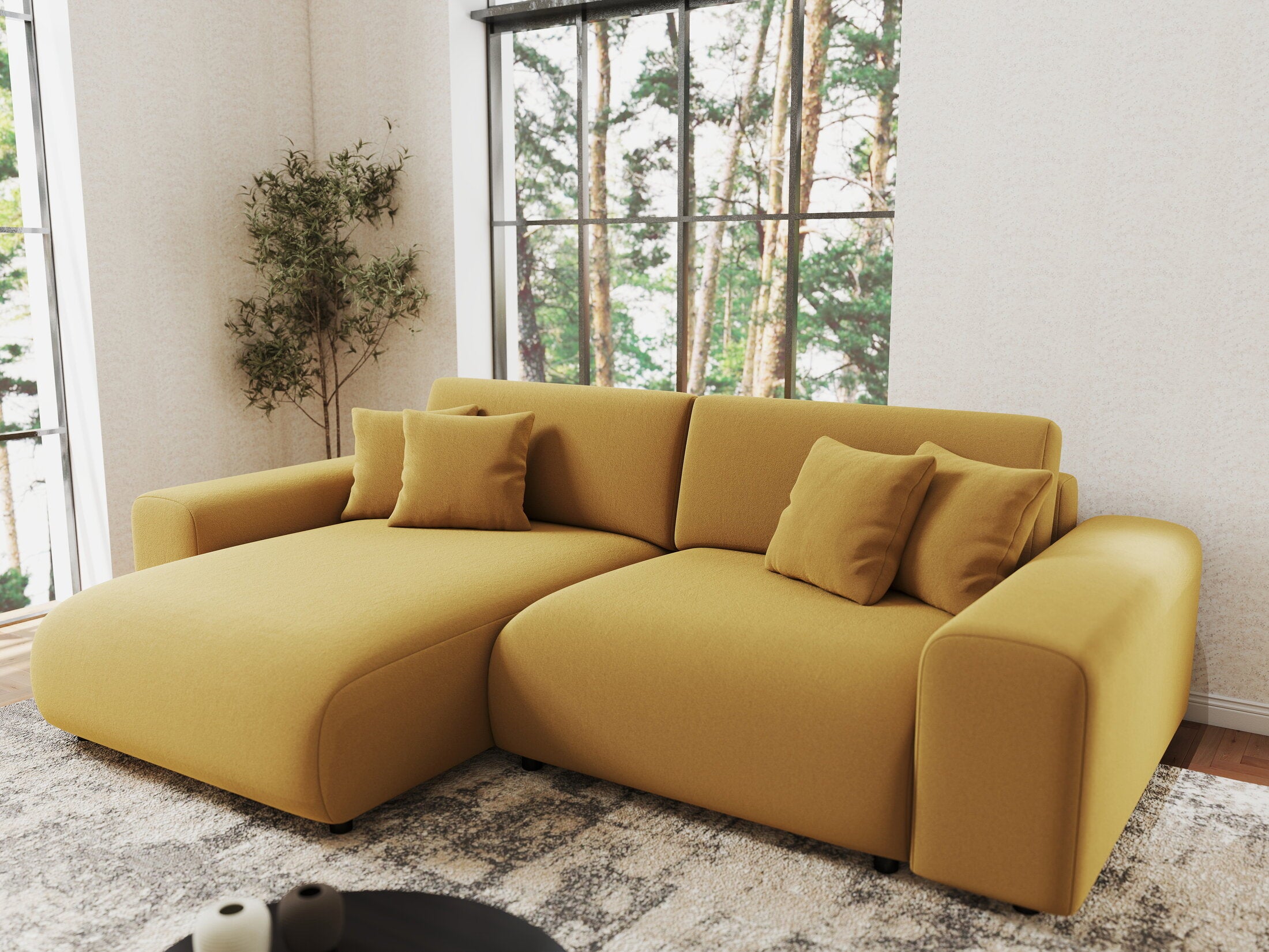 Colțar extensibil dumonde cu ladă de depozitare si sezut confortabil din spuma HR, Sarina Royal Mustar 255x168 cm