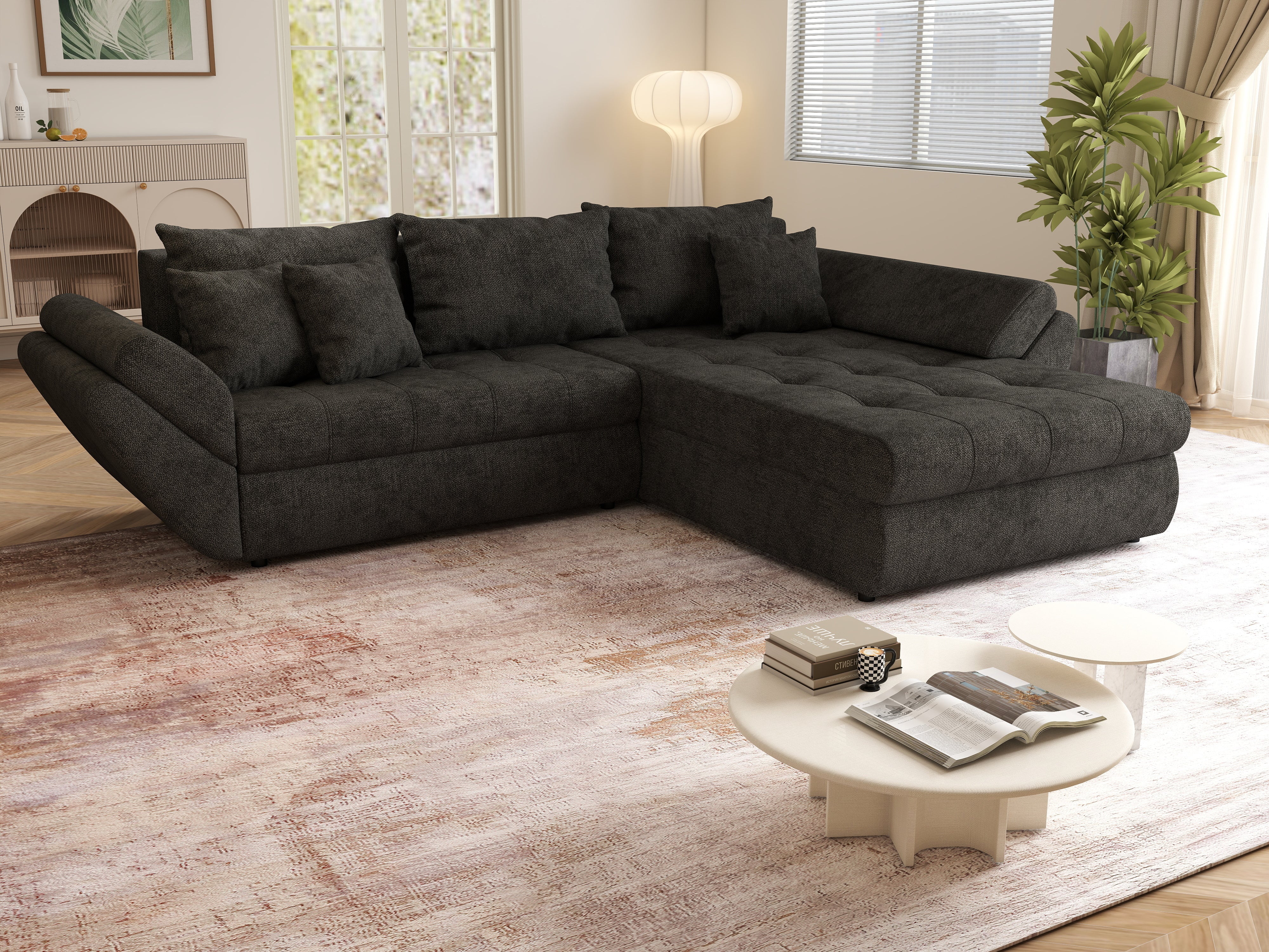 Colțar extensibil dumonde cu ladă de depozitare si sezut confortabil din spuma HR, Loana Negru 270x185 cm Fabrica