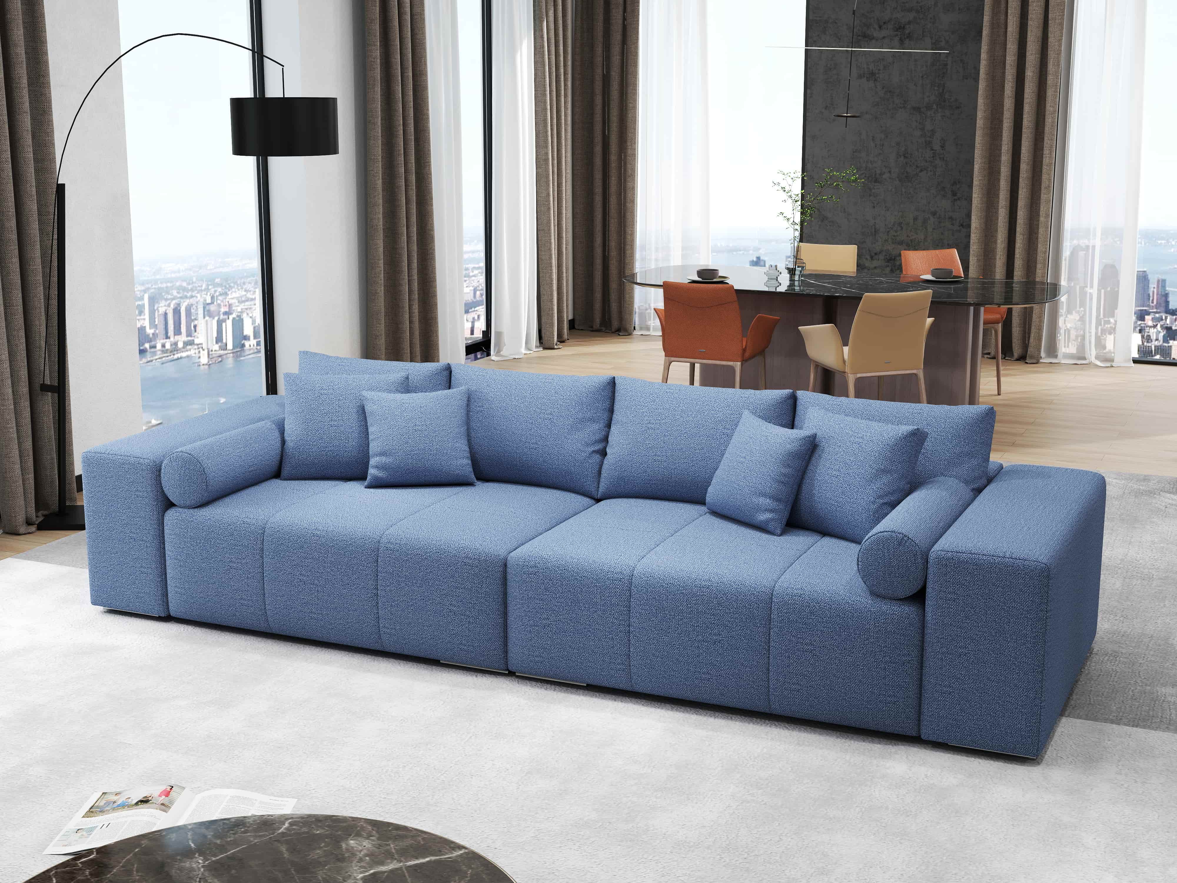 Canapea extensibilă dumonde cu ladă de depozitare si sezut confortabil din spuma HR, Marbela Enjoy Lux Blue XXL 295x100 cm fabrica