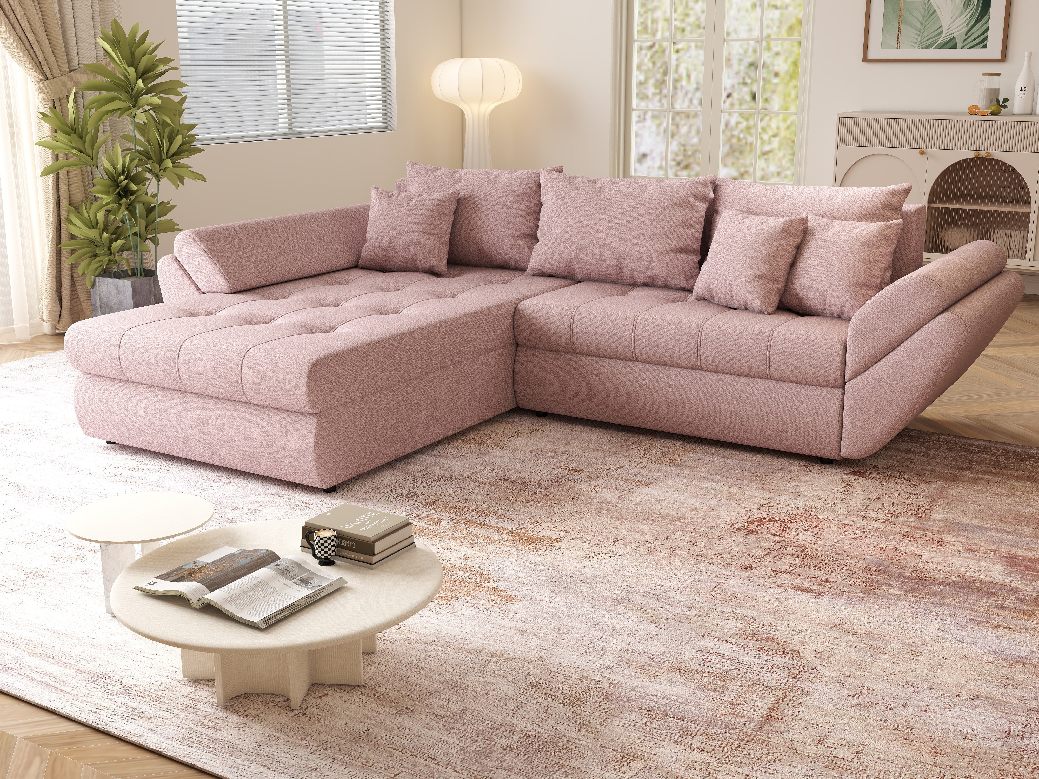 Colțar extensibil dumonde cu ladă de depozitare si sezut confortabil din spuma HR, Loana Roz 270x185 cm Fabrica