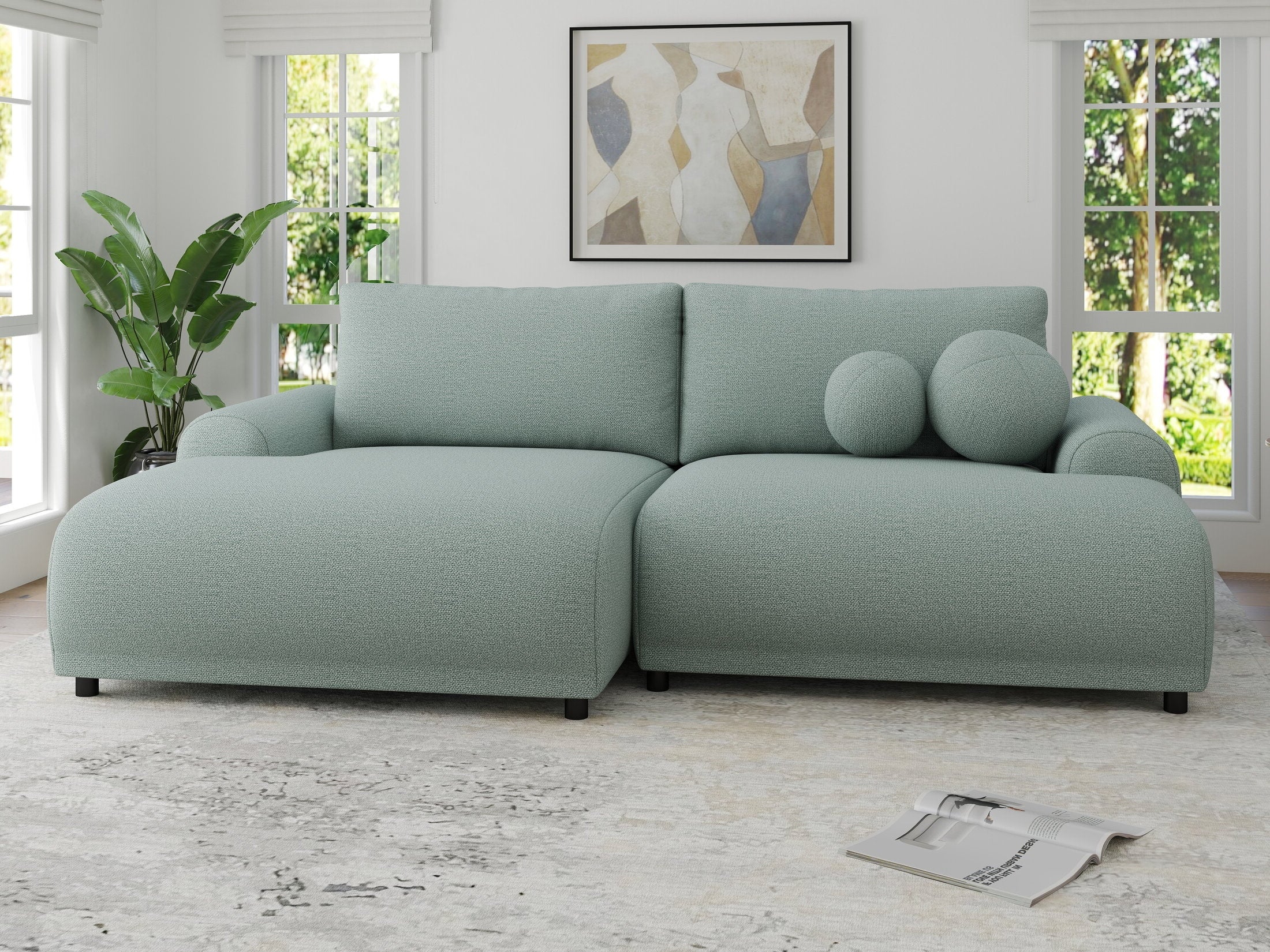 Colțar extensibil dumonde cu ladă de depozitare și șezut confortabil din spumă HR, Carlo Enjoy Verde Mint 240x145 cm