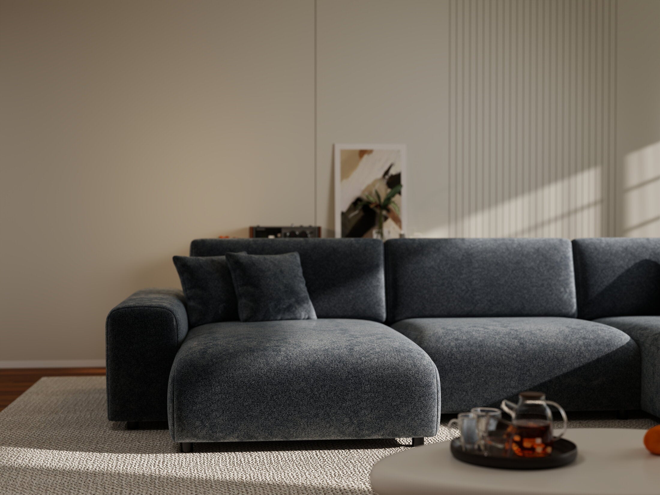 Colțar extensibil dumonde cu ladă de depozitare si sezut confortabil din spuma HR, Sarina U Euphoria Gri Grafit 350x168 cm