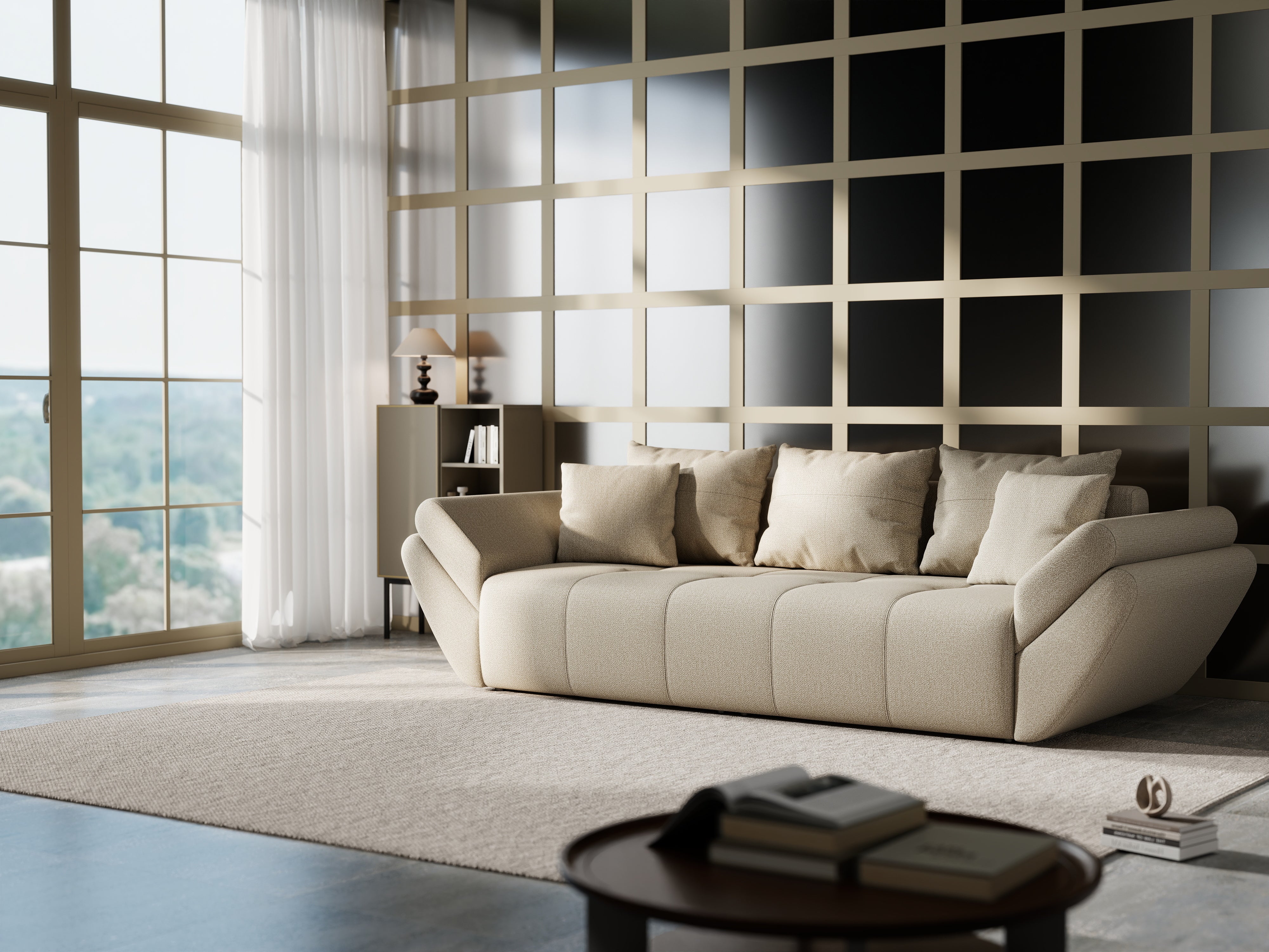 Canapea extensibilă dumonde cu ladă de depozitare si sezut confortabil din spuma HR, Berlin Bej 250x100 cm Fabrica