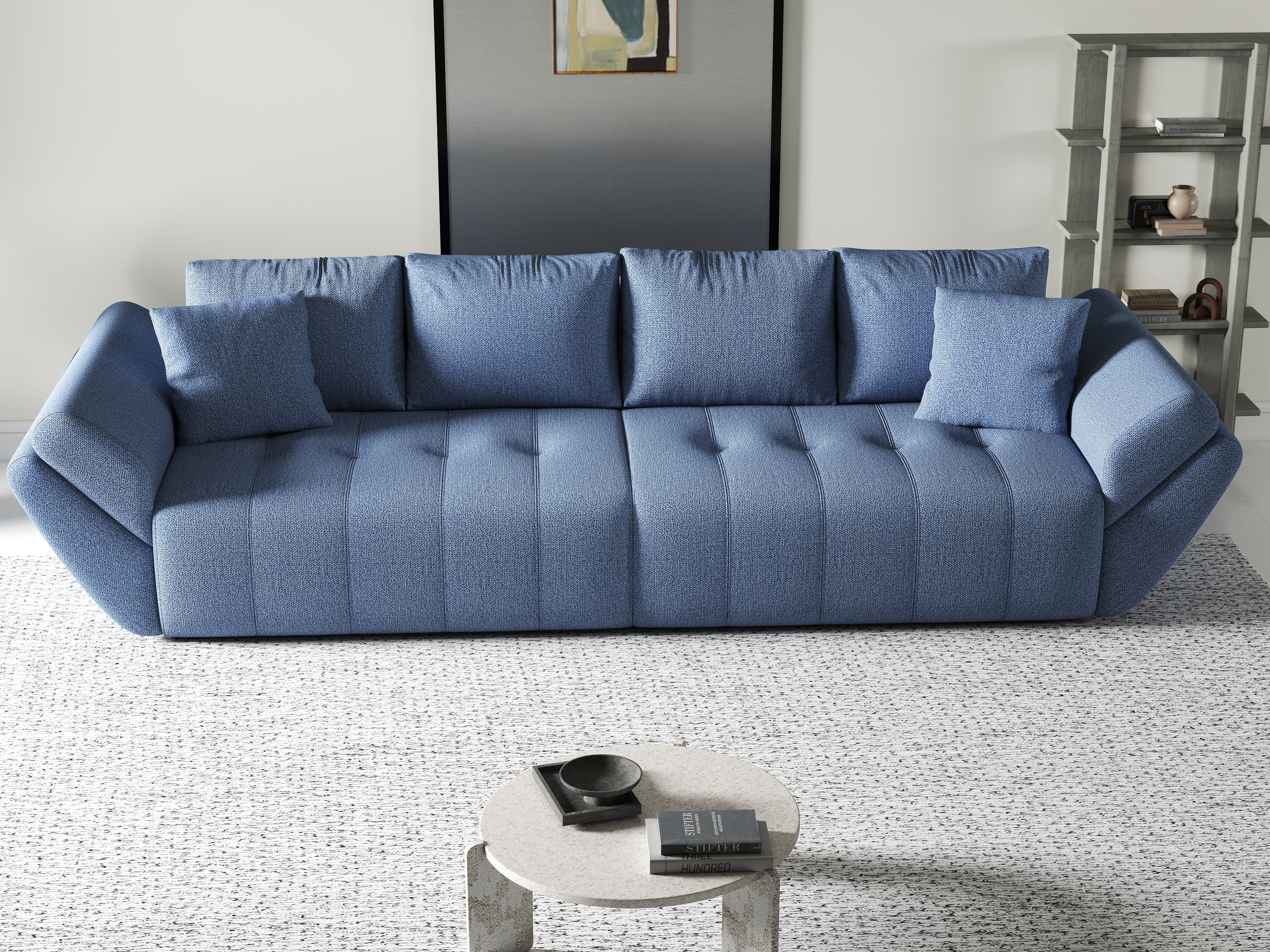 Canapea extensibilă dumonde cu ladă de depozitare si sezut confortabil din spuma HR, Berlin Blue 300x100 cm Fabrica