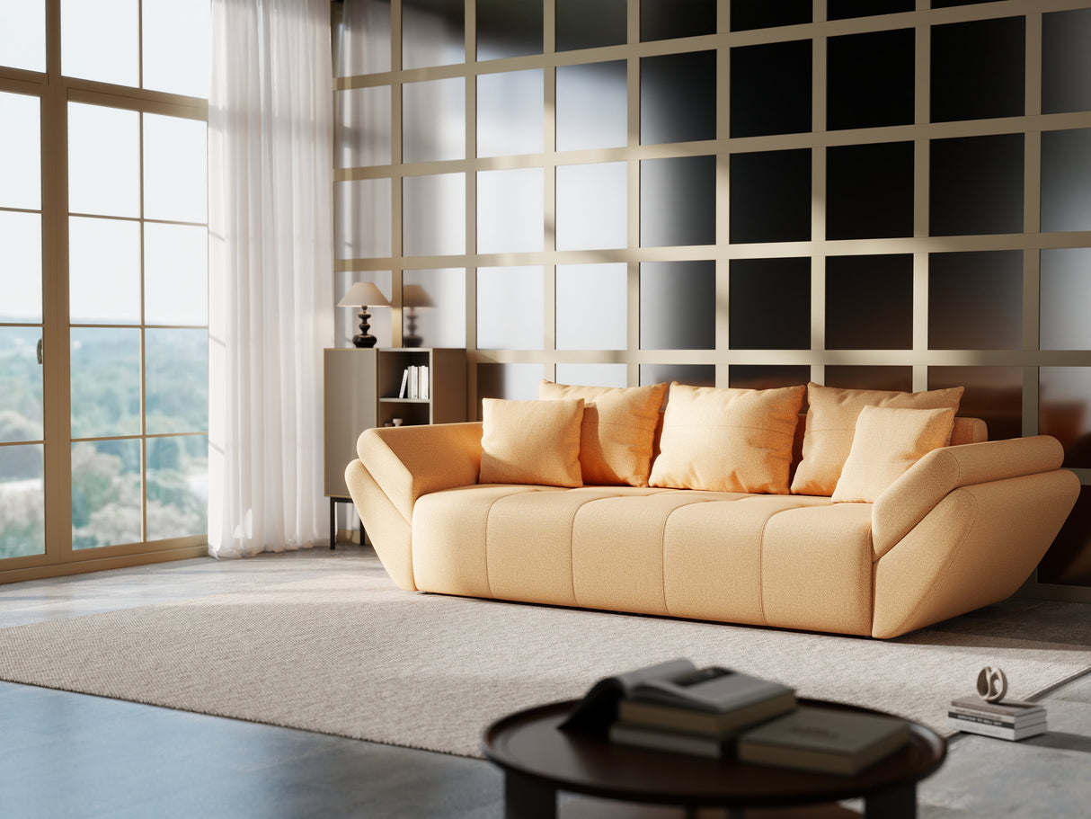 Canapea extensibilă dumonde cu ladă de depozitare si sezut confortabil din spuma HR, Berlin Mango 250x100 cm Fabrica