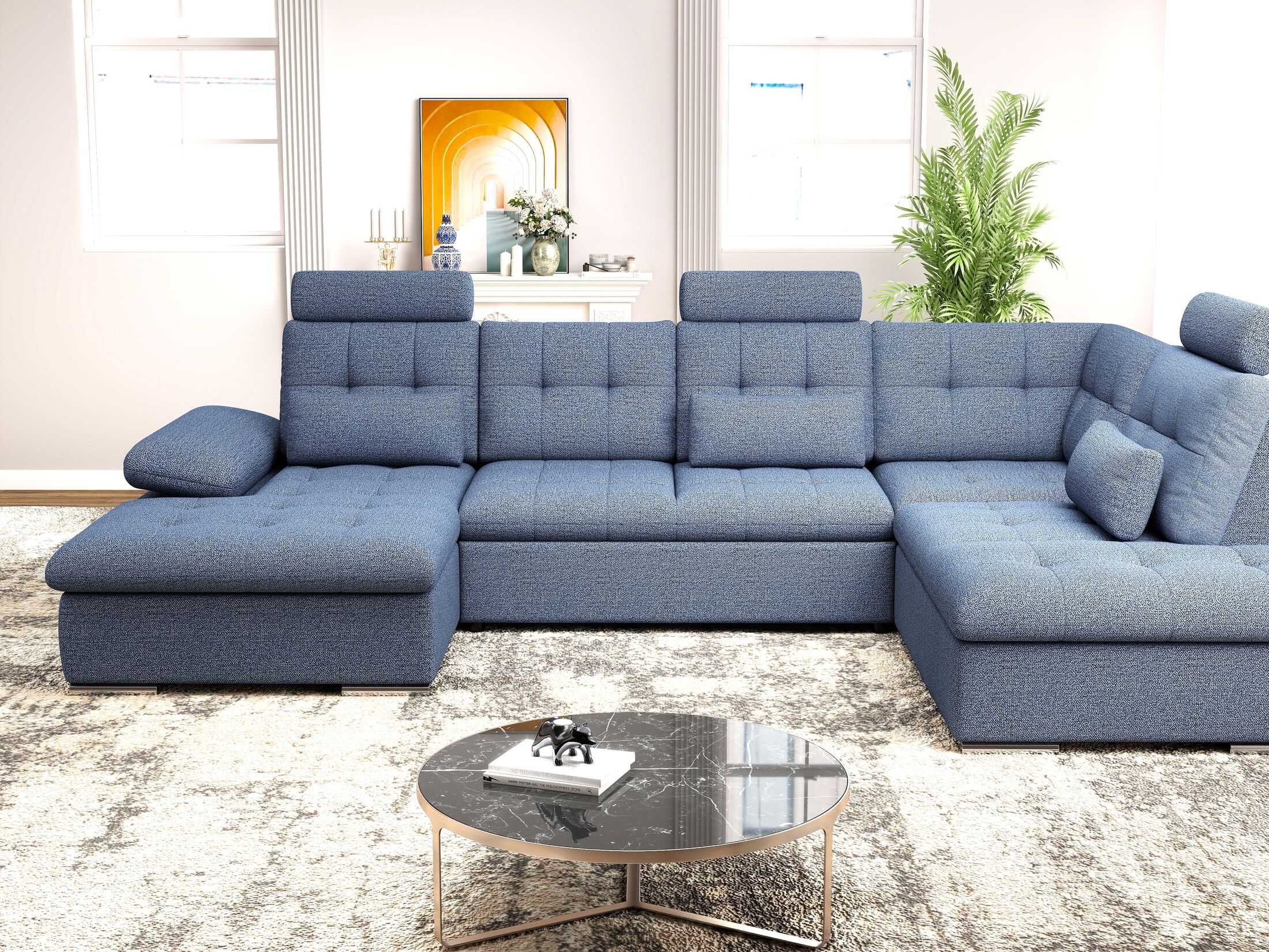 Colțar extensibil dumonde cu ladă de depozitare și șezut confortabil din spumă HR, Merkur U Enjoy Albastru 324x218 cm