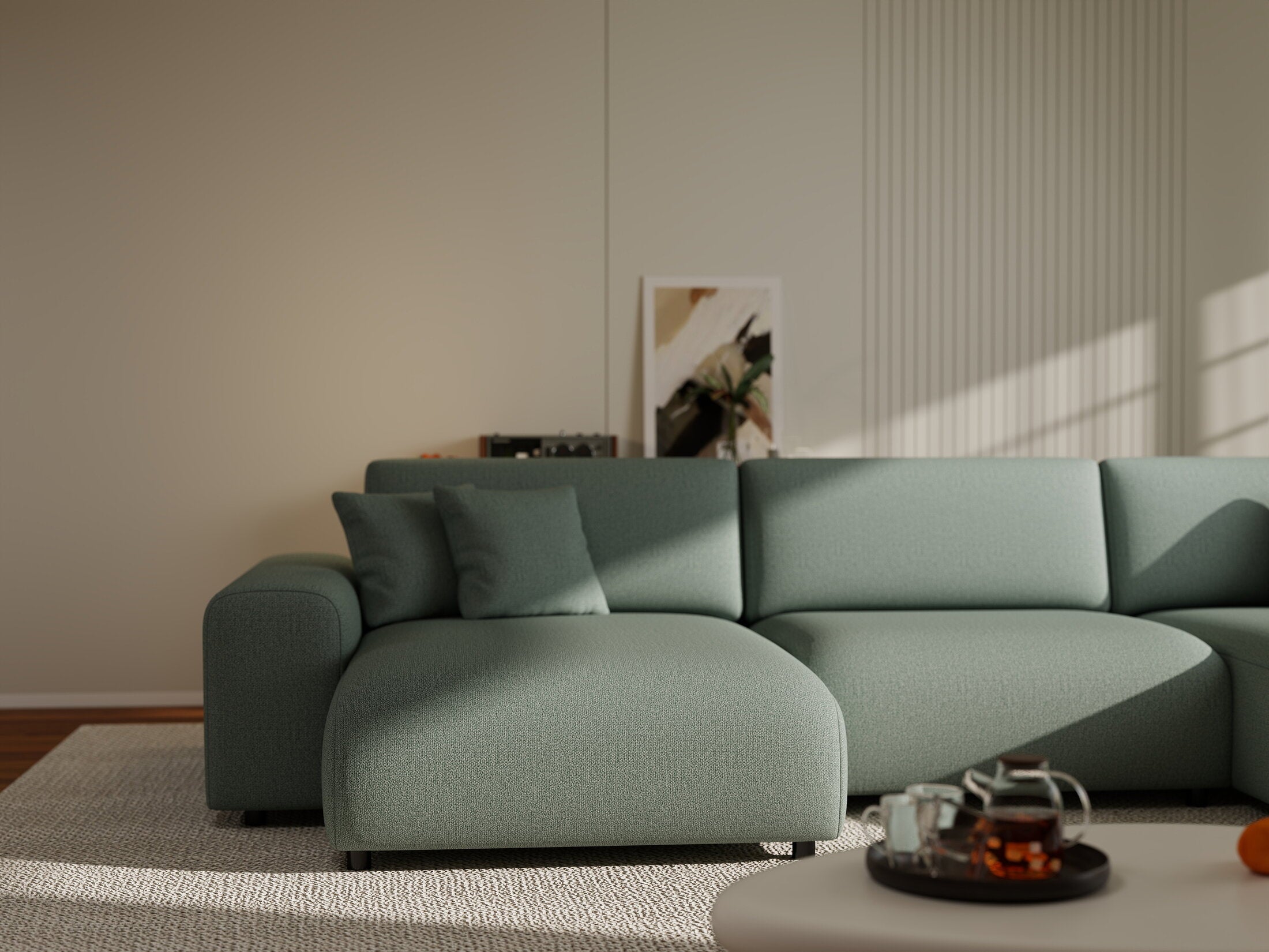 Colțar extensibil dumonde cu ladă de depozitare si sezut confortabil din spuma HR, Sarina U Enjoy Verde Mint 350x168 cm