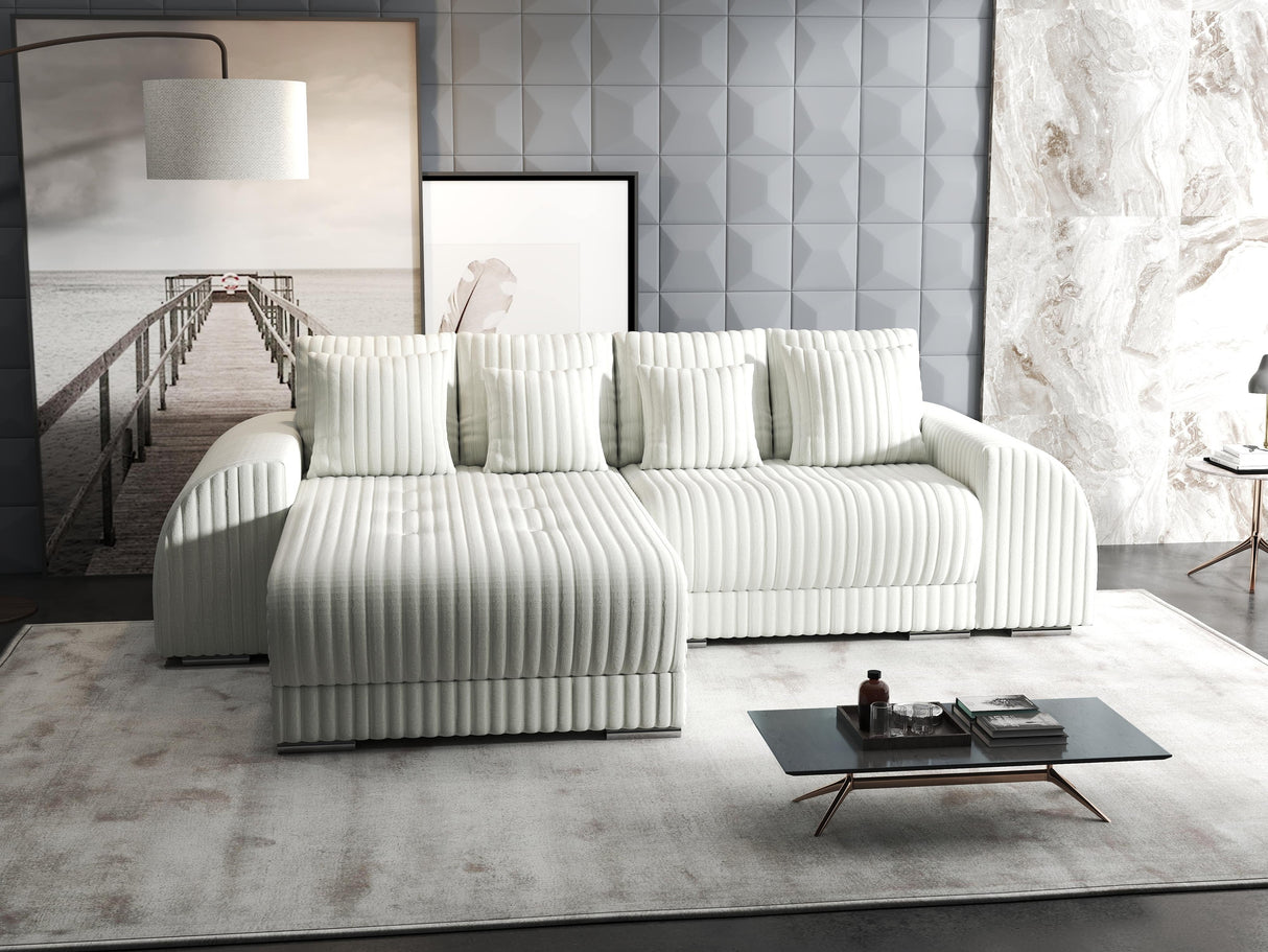 Colțar extensibil dumonde cu ladă de depozitare si sezut confortabil din spuma HR, Verona Ambience Alb 290x185 cm Fabrica