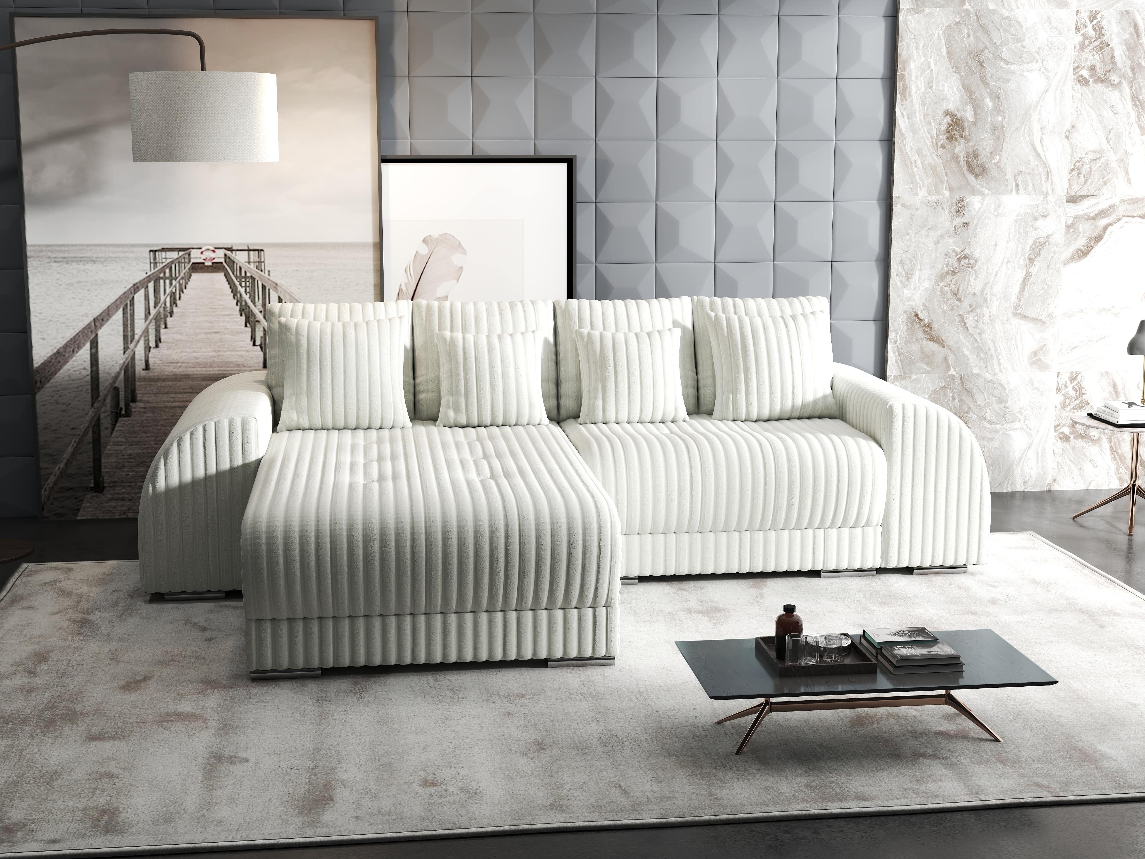 Colțar extensibil dumonde cu ladă de depozitare si sezut confortabil din spuma HR, Verona Ambience Alb 290x185 cm Fabrica
