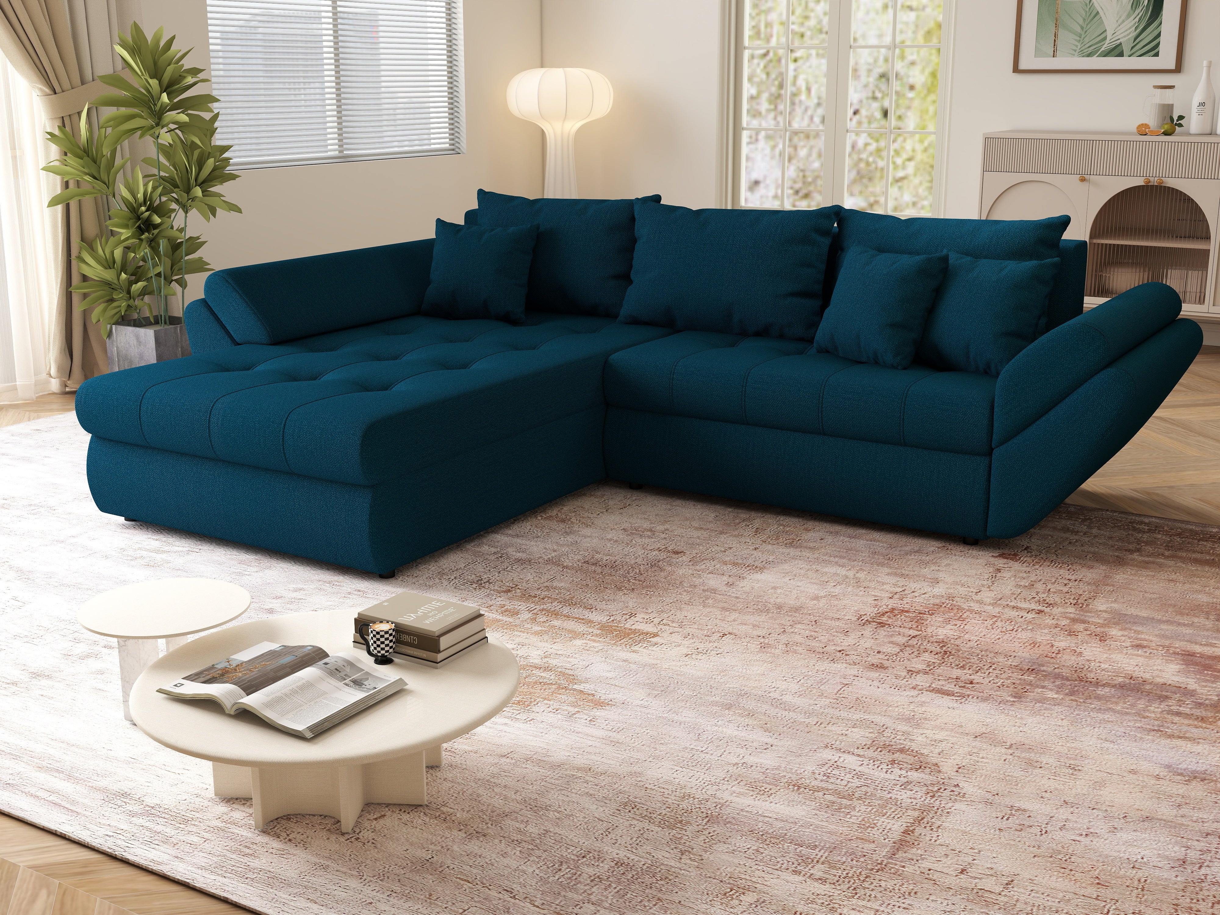Colțar extensibil dumonde cu ladă de depozitare si sezut confortabil din spuma HR, Loana Petrol Green 270x185 cm Fabrica