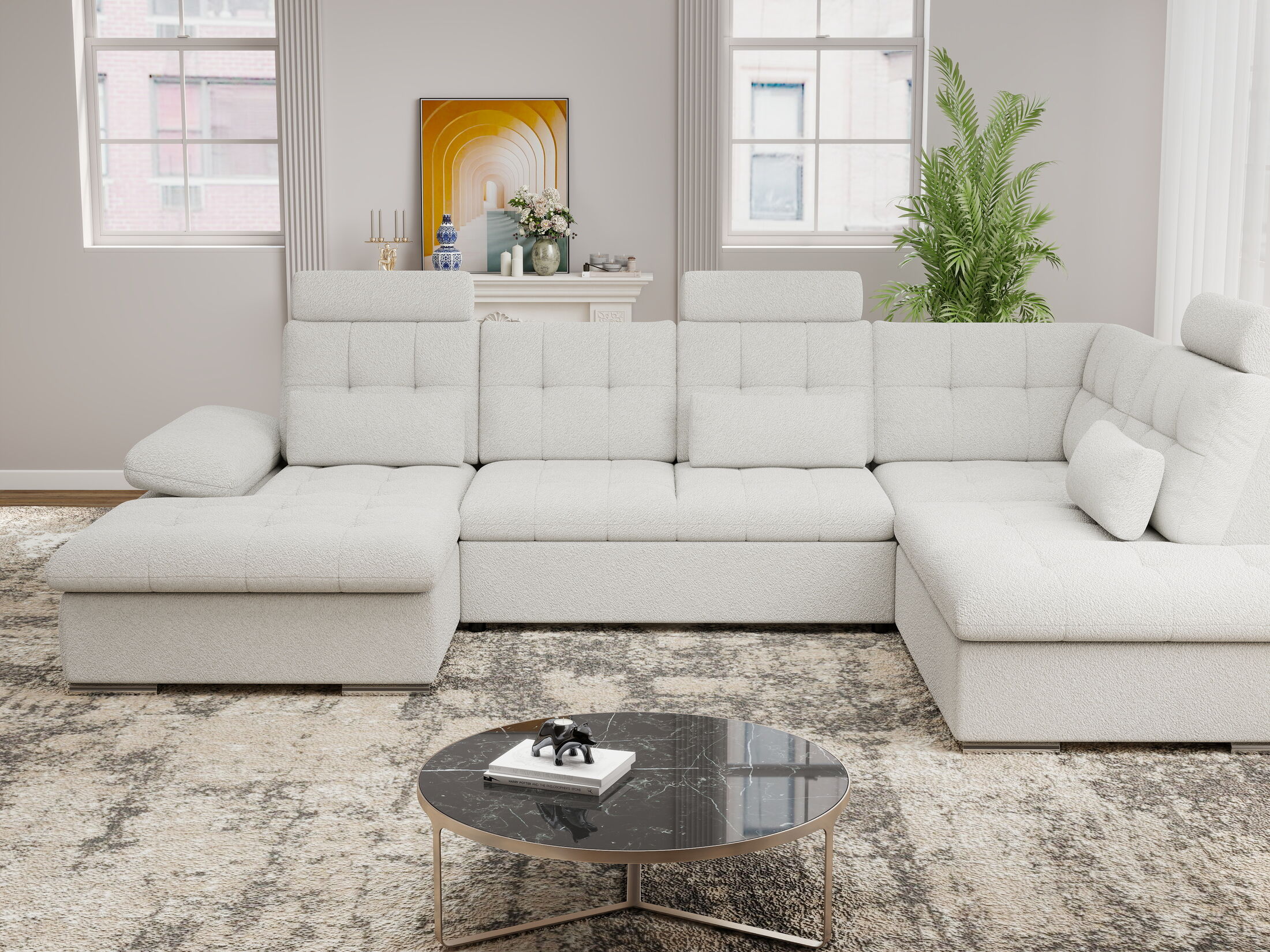 Colțar extensibil dumonde cu ladă de depozitare și șezut confortabil din spumă HR, Merkur U Euphoria Alb 324x218 cm