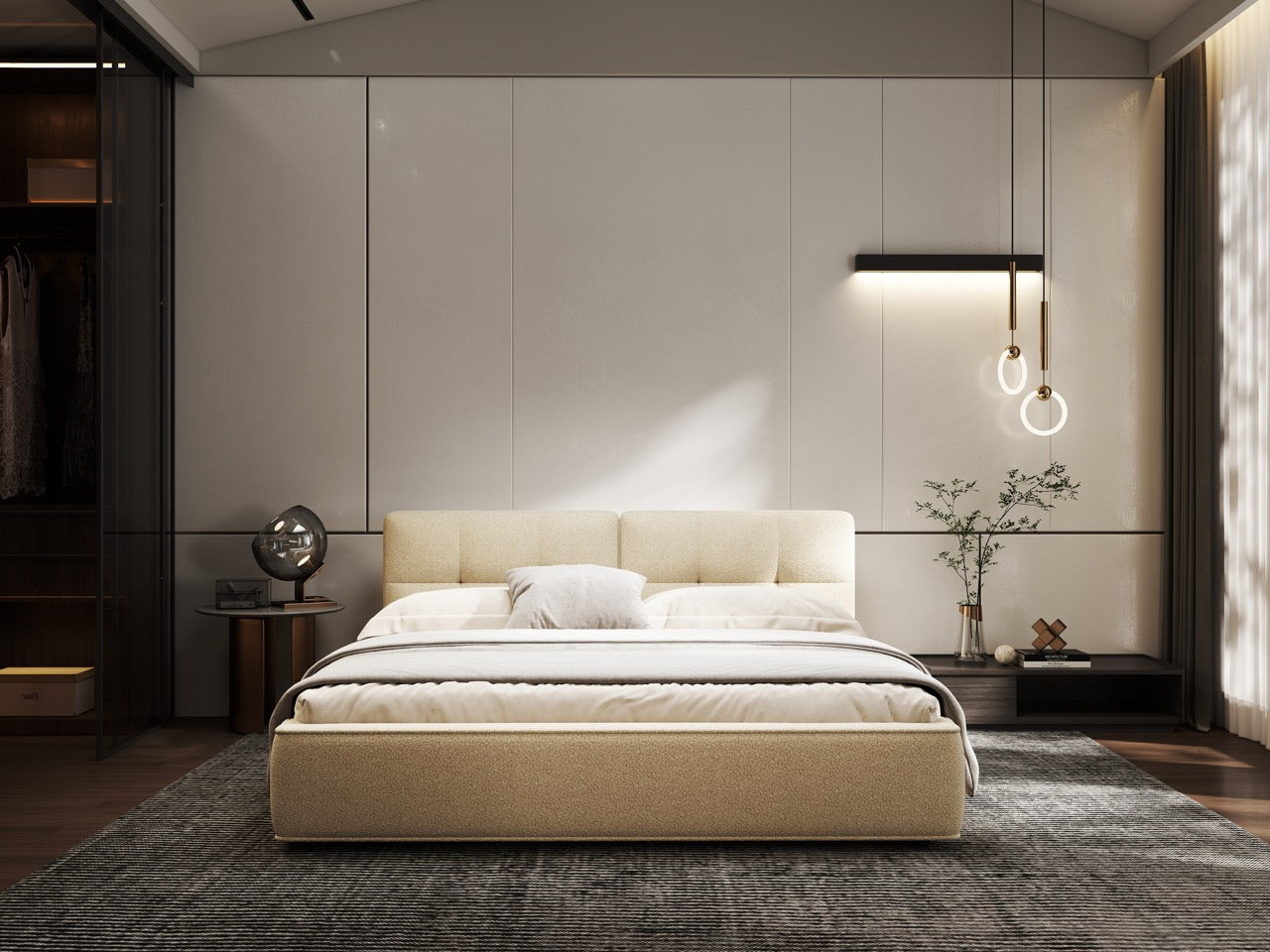 Pat dormitor dumonde, tapitat bej, Madrid 160x200 cm, somiera rabatabila inclusa, spatiu depozitare WLS