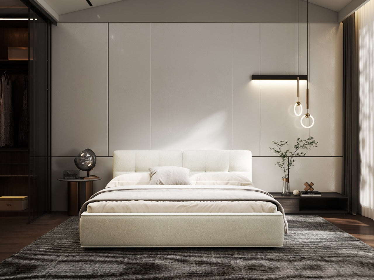 Pat dormitor dumonde, tapitat alb, Madrid 160x200 cm, somiera rabatabila inclusa, spatiu depozitare WLS