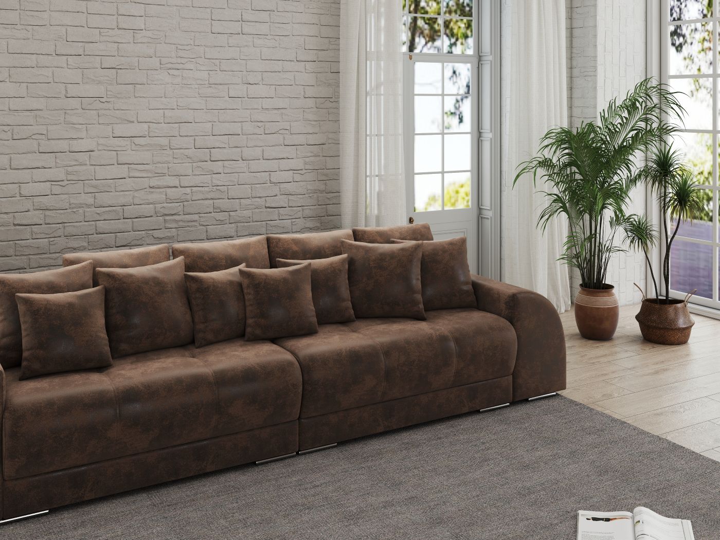 Canapea extensibilă dumonde cu 2 lăzi de depozitare si sezut confortabil din spuma HR, Big Sofa Verona Madagaskar Brown 310x100 cm Fabrica