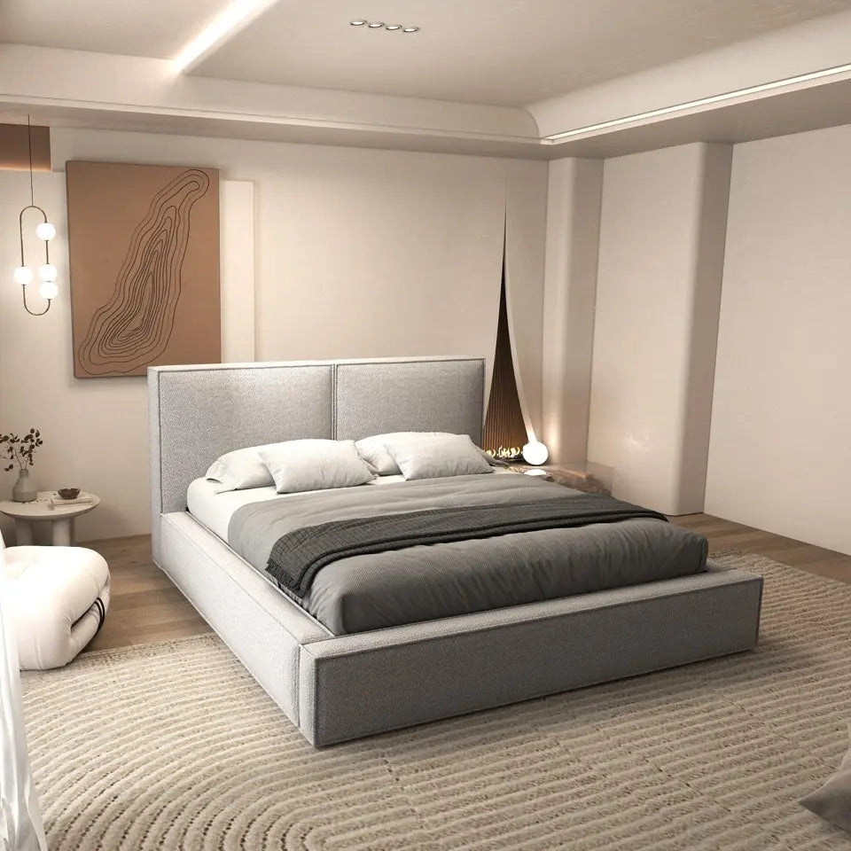 Pat dormitor dumonde, tapitat gri, Dreamer 160x200 cm, somiera rabatabila inclusa, spatiu depozitare WLS