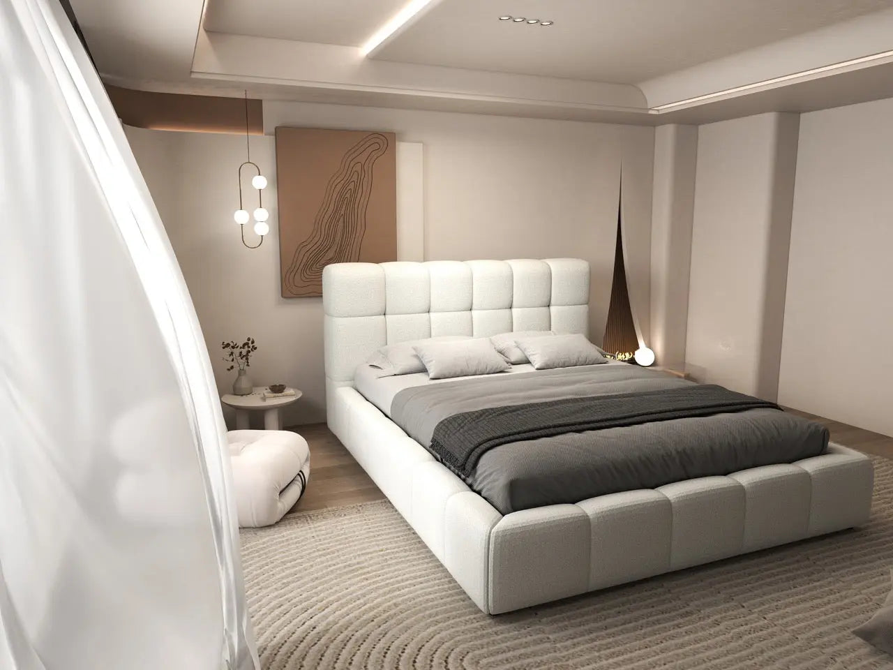 Pat dormitor dumonde, tapitat alb, Lorenzo 180x200 cm, somiera rabatabila inclusa, spatiu depozitare WLS