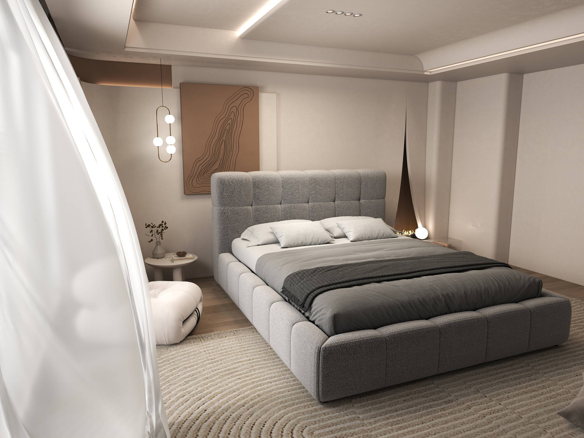 Pat dormitor dumonde, tapitat gri, Lorenzo 180X200 cm, somiera rabatabila inclusa, spatiu depozitare