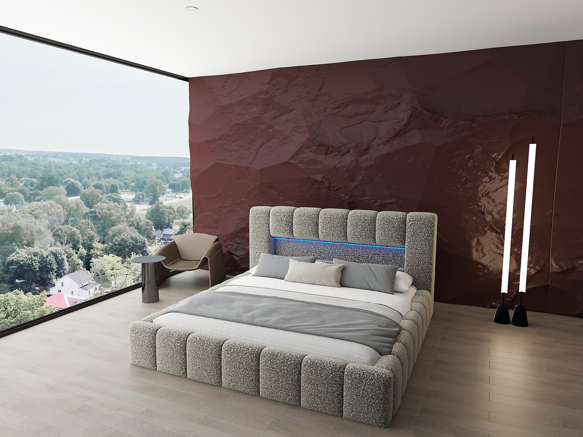 Pat dormitor dumonde, tapitat bej cu LED si USB, Palermo 160x200 cm, somiera rabatabila inclusa, spatiu depozitare