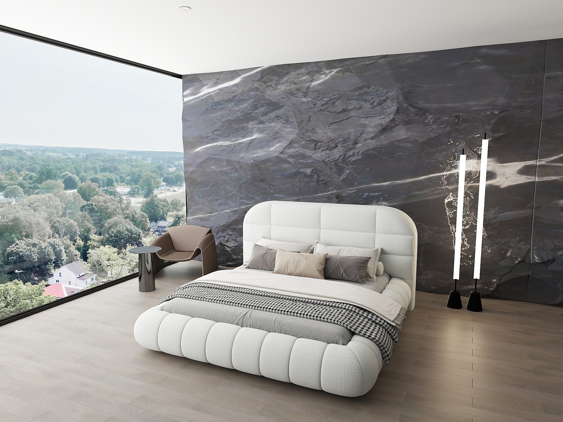 Pat dormitor dumonde, tapitat alb, Senso 160x200 cm, somiera rabatabila inclusa, spatiu depozitare