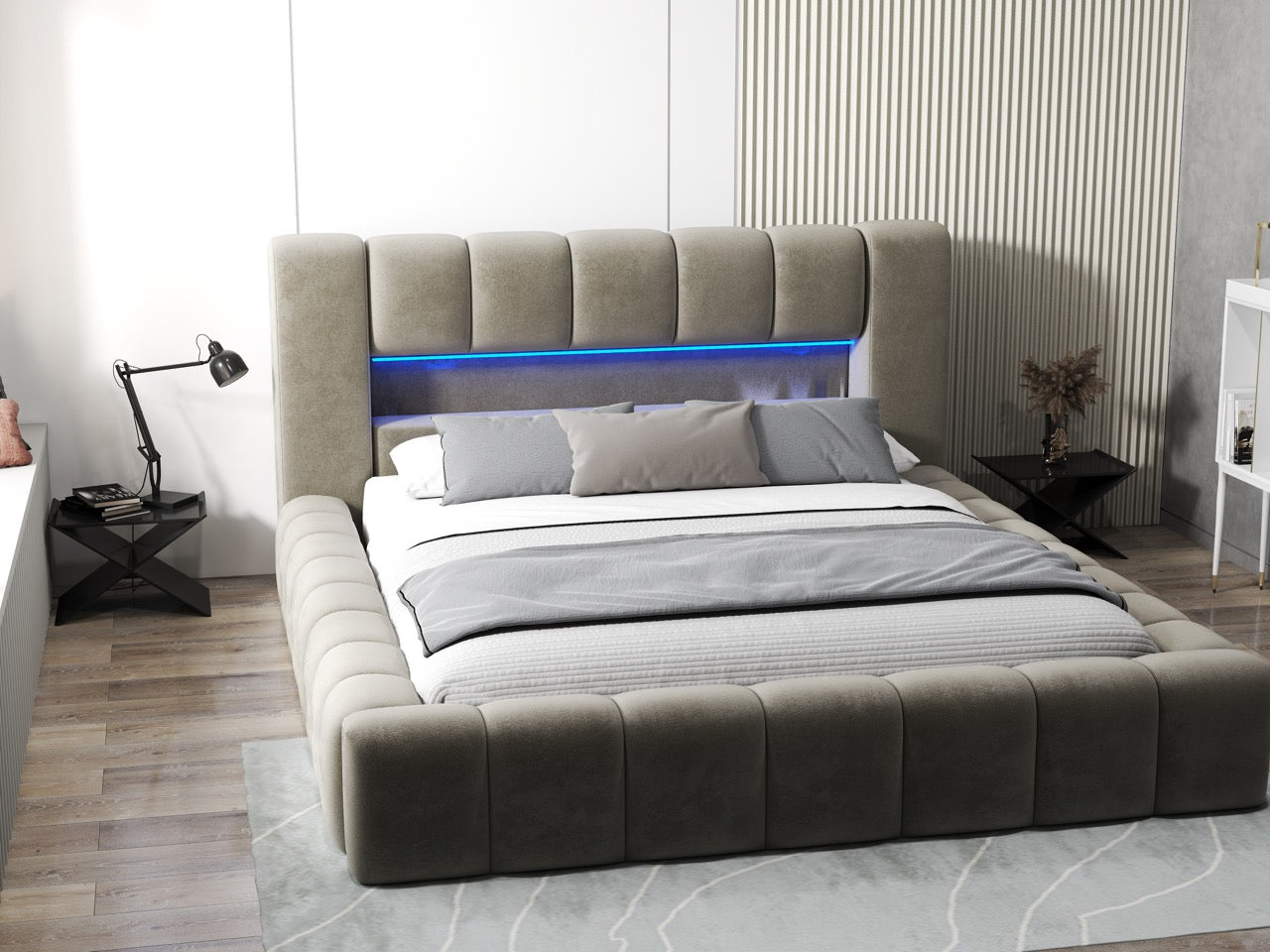 Pat dormitor dumonde, tapitat bej cu LED si USB, Palermo 160x200 cm, somiera rabatabila inclusa, spatiu depozitare WLS