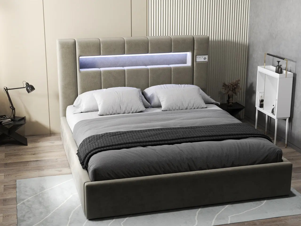 Pat dormitor dumonde, tapitat bej, Glow 180x200 cm, somiera rabatabila inclusa, spatiu depozitare WLS
