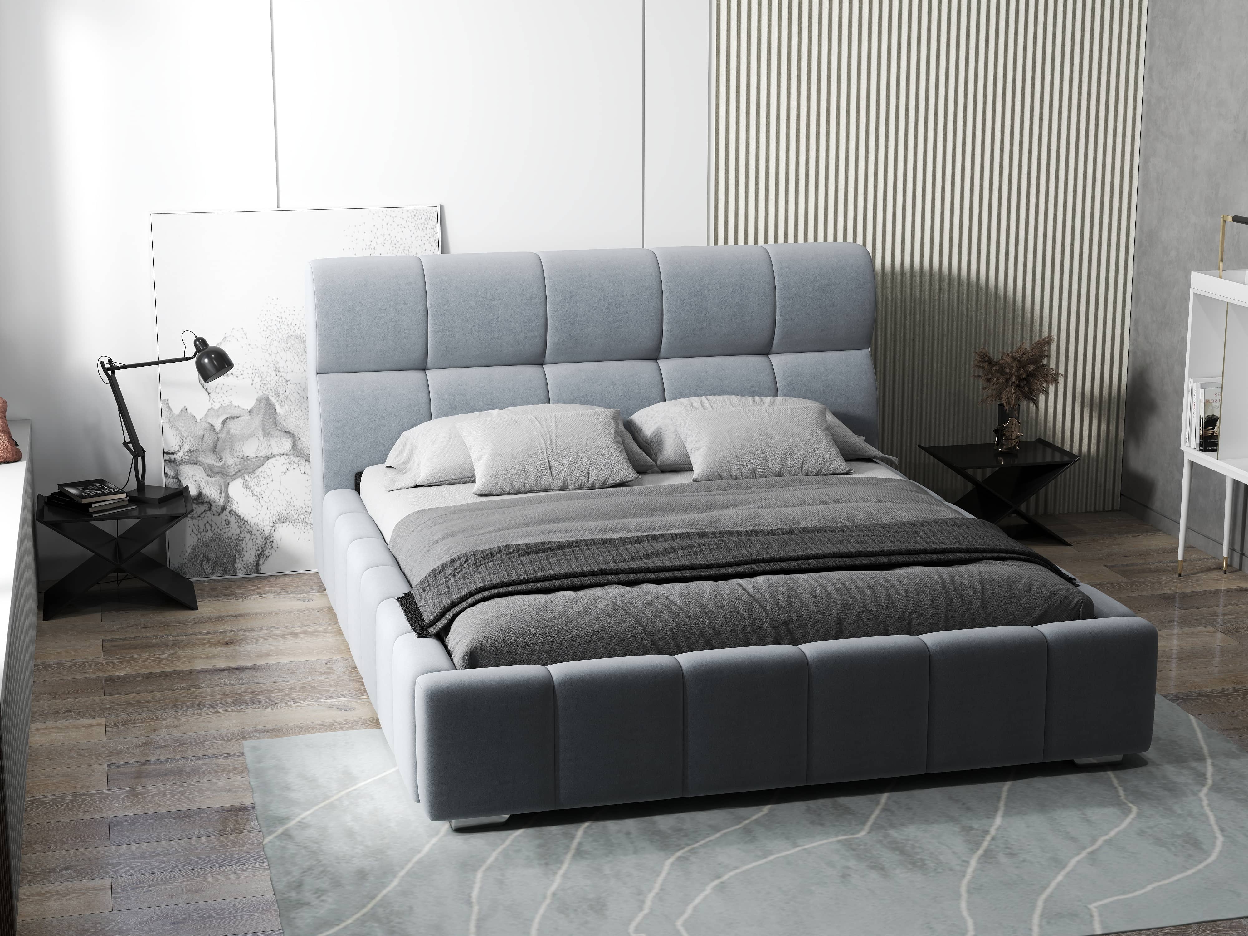 Pat dormitor dumonde, tapitat gri, Prestige 160x200 cm, somiera rabatabila inclusa, spatiu depozitare