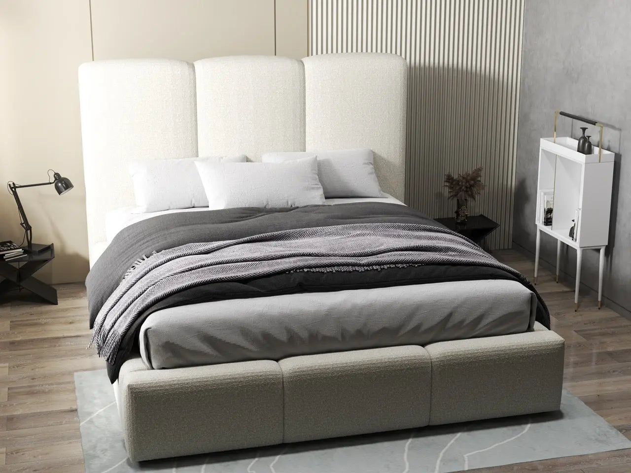 Pat dormitor dumonde, tapitat bej, Dinasty 180x200 cm, somiera rabatabila inclusa, spatiu depozitare WLS