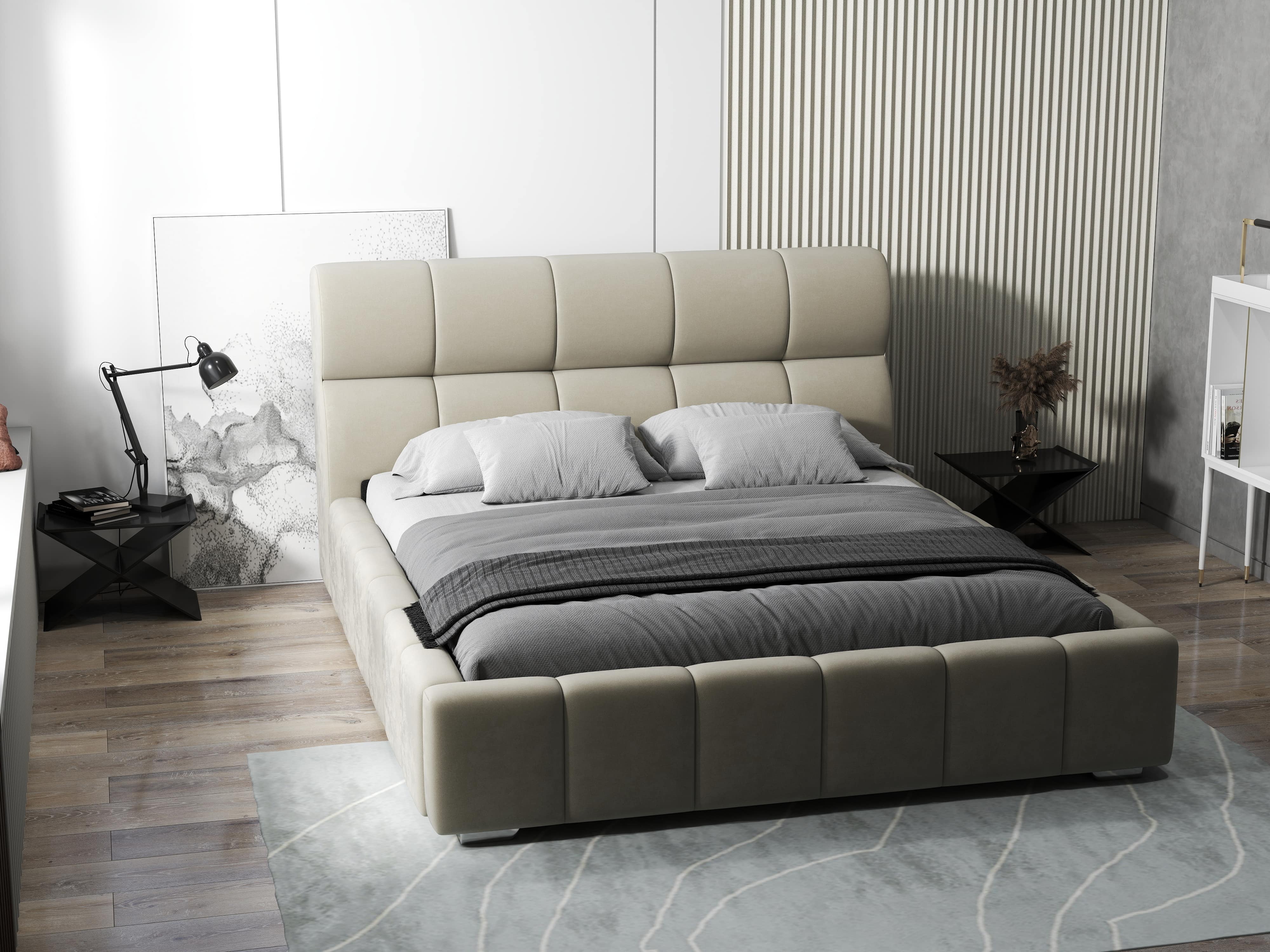 Pat dormitor dumonde, tapitat bej, Prestige 160x200 cm, somiera rabatabila inclusa, spatiu depozitare